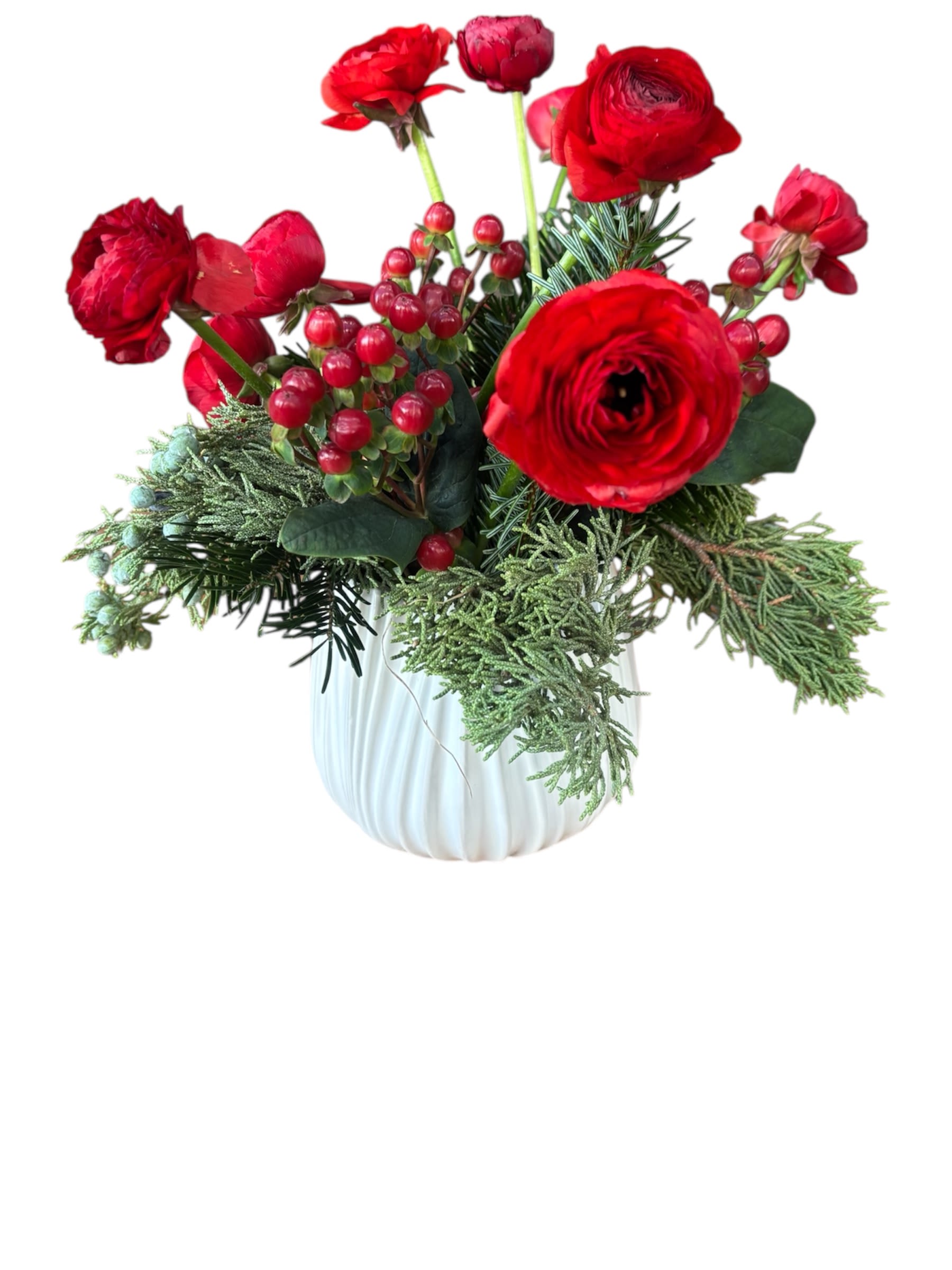Mrs. Claus - Mrs. Claus Arrangement captures holiday elegance with red ranunculus and burgundy hypericum, beautifully accented by a lush mix of winter greenery. Presented in a crisp white tulip vase, this festive design radiates warmth and seasonal charm, making it a perfect centerpiece for the holidays.