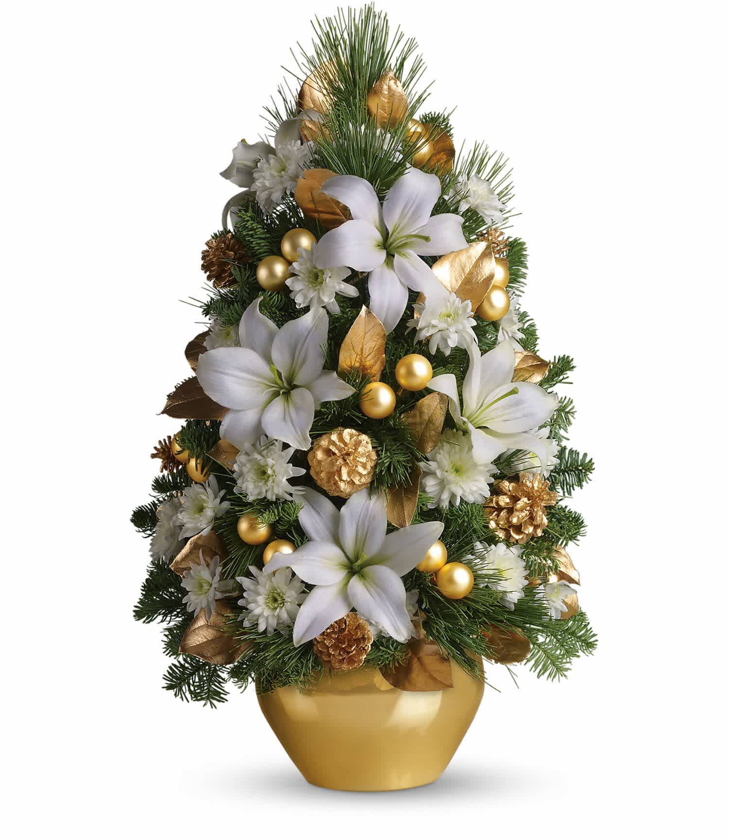 Celebration Tree - Pretty white spray roses, asiatic lilies and cushion spray chrysanthemums are artfully arranged with gold ornaments, white pine and Douglas fir. A delightful gold jardiniÃ¨re container completes this wonderful picture. Approximately 15&quot; W x 24&quot; H