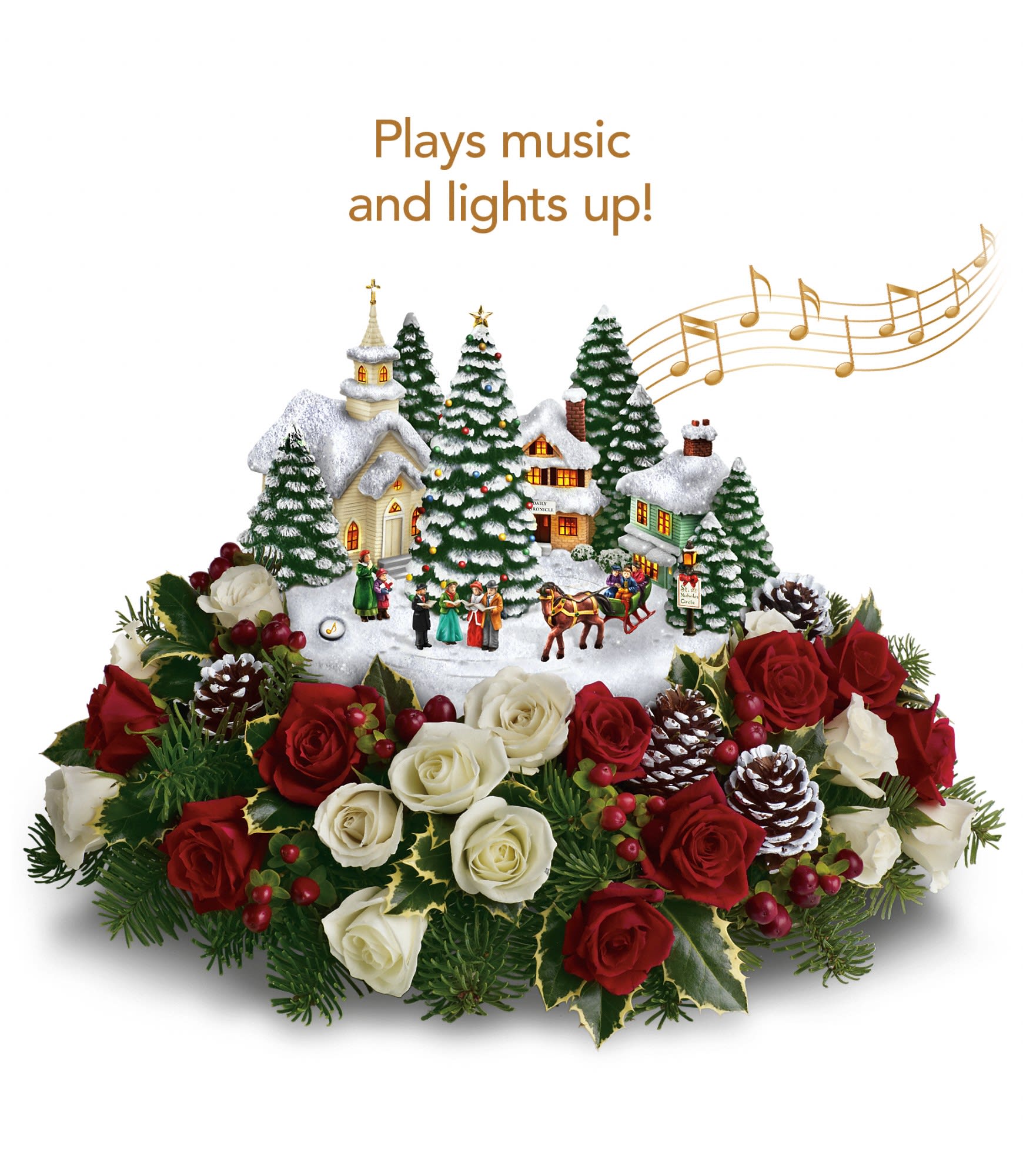 Thomas Kinkade's Old Fashioned Christmas - The lavish bouquet includes red spray roses, white spray roses and red hypericum accented with noble fir and variegated holly. Approximately 16 1/2" W x 9 1/4" H.  T11X210A  