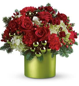 Teleflora's Holiday in Style - When you need a holiday floral gift that's bright, bold and beautiful, this medley of chartreuse and scarlet blooms - accented with shiny ornament balls, and delivered in a green Teleflora Satin Collection container - will help you celebrate the holidays in style.  A mix of fresh red and green flowers such as roses, carnations and hydrangea – accented with ornament balls, plus hypericum and fir – is delivered in a green Teleflora Satin Collection cylinder.  Approximately 13" (W) x 11" (H)  Orientation: All-Around  As Shown : 08N540B