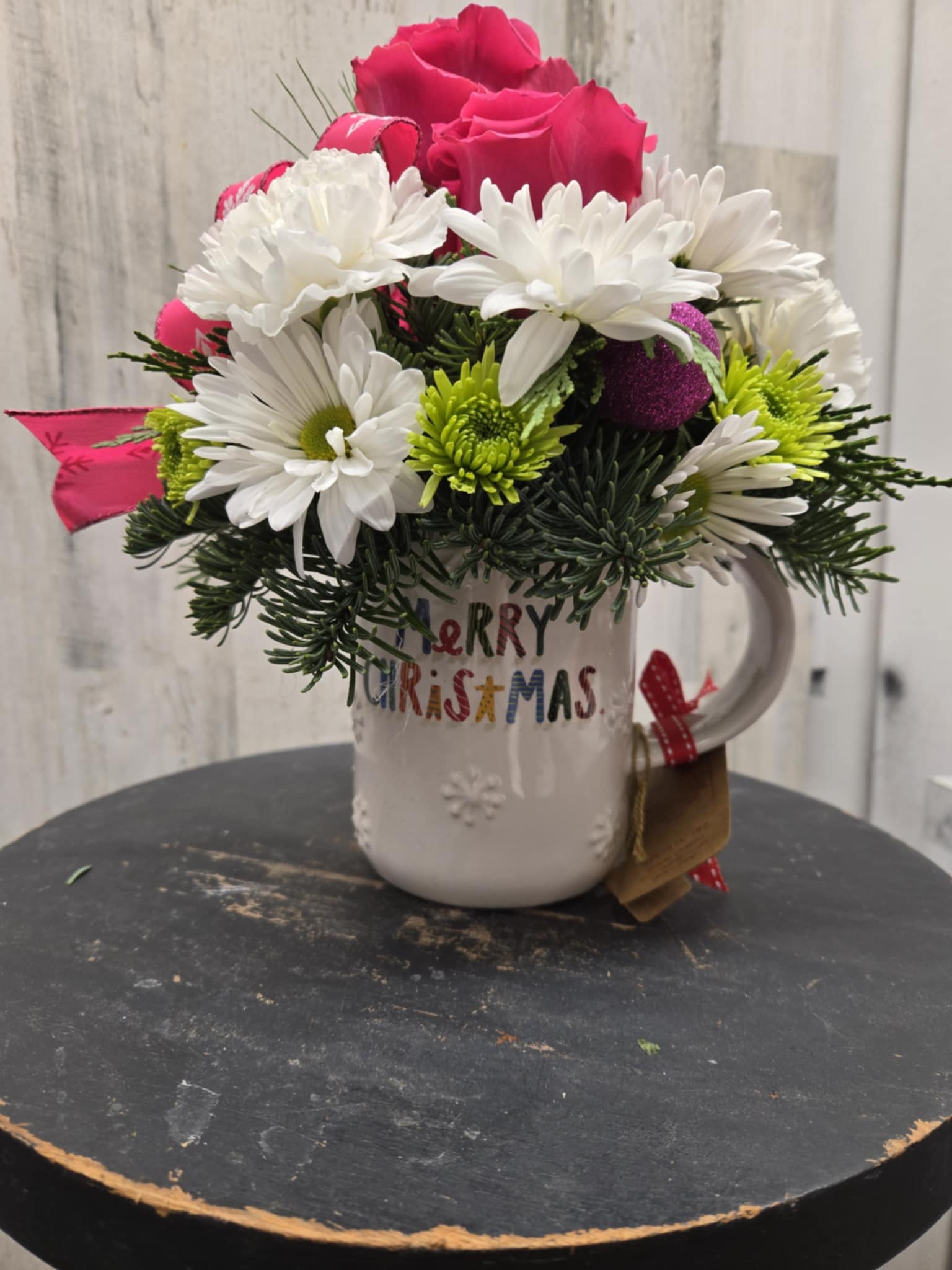 Christmas Mug - Rae and Dunn christmas mug filled with xmas greens and holiday flowers 2 gifts in one