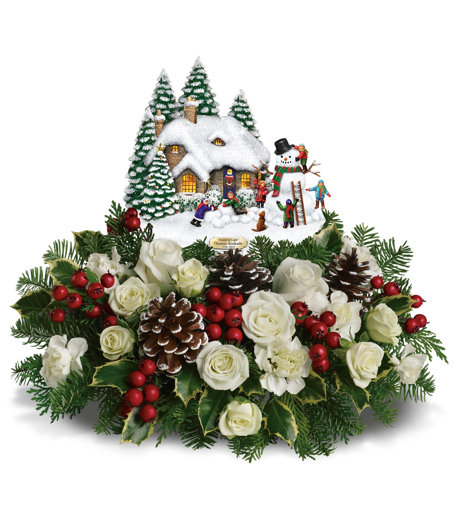 Thomas Kinkade's Snow Time by Teleflora - White spray roses and white miniature carnations are accented by tips of flat cedar, noble fir and holly. Delivered with Thomas Kinkade's Memorial Winter Wonder collectible. Approximately 13 1/2" W x 11" H.  T12X210A