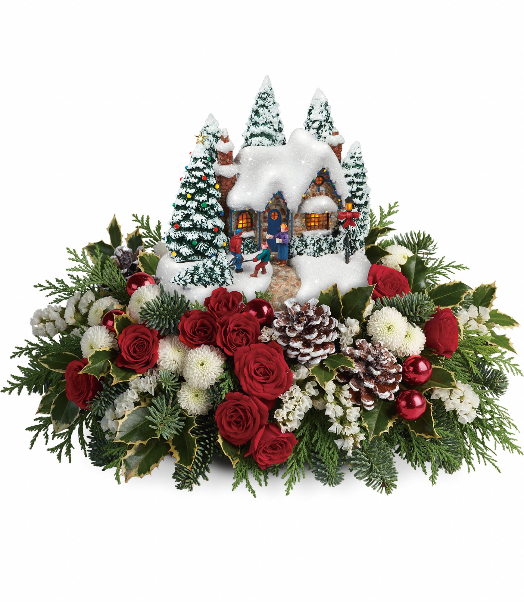 Thomas Kinkade's Country Christmas Homecoming - This special arrangement of red spray roses, white button spray chrysanthemums and white sinuata statice is accented with noble fir, flat cedar and variegated holly. Delivered with a Thomas Kinkade Country Christmas Homecoming keepsake. Approximately 16" W x 10" H  T15X200A
