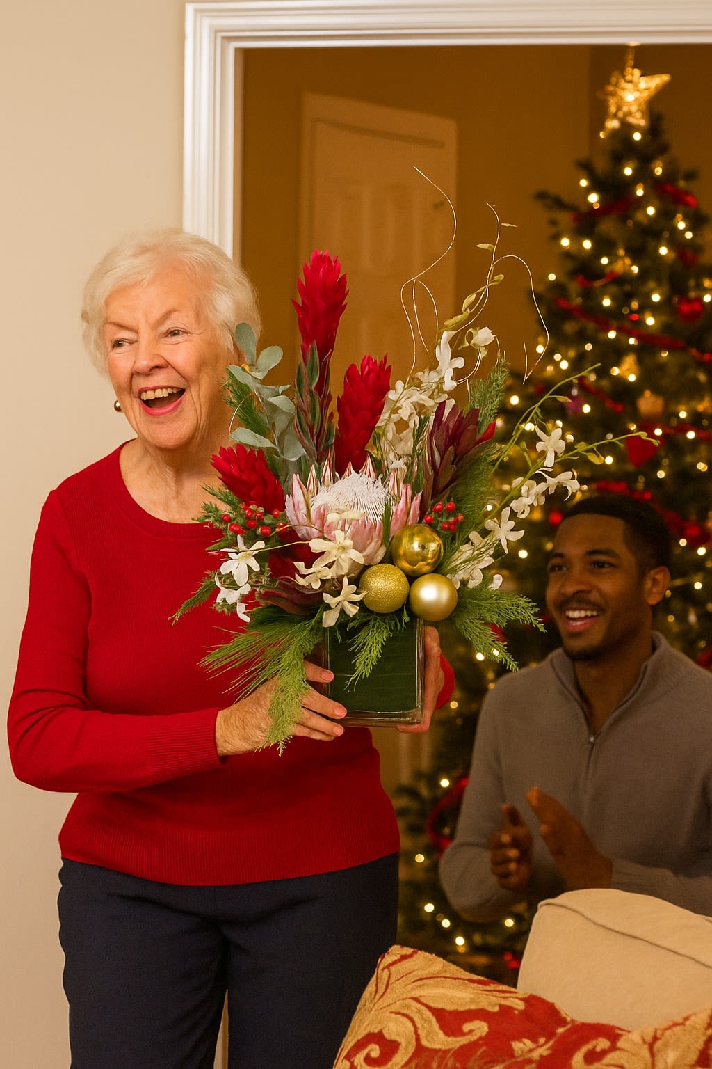 Christmas Magic in Hawaii - Contemporary Christmas Tropical Arrangement  Celebrate the holidays island style with our Contemporary Christmas Tropical Arrangement — a stunning fusion of locally grown tropical flowers and festive holiday charm, designed to bring warmth, color, and sophistication to any setting.  Featuring locally grown tropical blooms, this modern arrangement showcases the vibrant beauty of Hawaii with a unique twist on traditional Christmas décor.  Adorned with seasonal greens, pinecones, and festive ornaments, it beautifully blends tropical freshness with holiday cheer, creating a perfect balance of color and texture.  Modern Vase  Presented in a sleek, contemporary vase, this design complements both modern and classic interiors, making it a versatile piece that enhances any home or office.  Perfect for Any Space  Add a fresh and stylish holiday touch to your living room, office, or event space — perfect for creating a warm, welcoming atmosphere this Christmas season.  A thoughtful and uniquely Hawaiian holiday gift that combines the luxury of tropical flowers with the spirit of Christmas, perfect for clients, family, or friends.  Note: Christmas accessory on table not included.  Highlights   Locally grown tropical flowers   Accented with Christmas greens &amp; ornaments  
