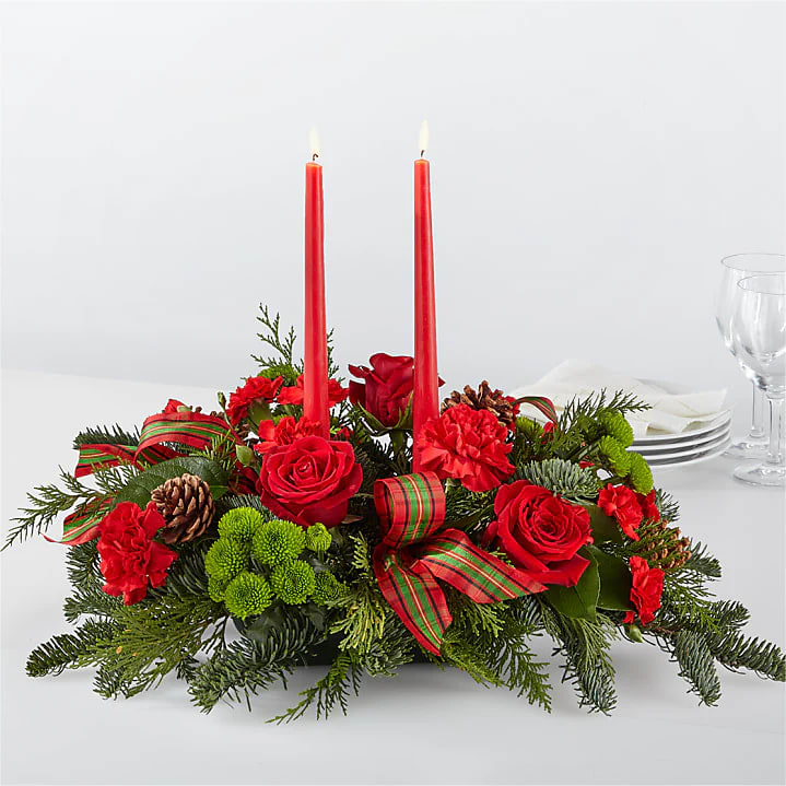 By the Candlelight Centerpiece - Roses, carnations, pine cones, candles