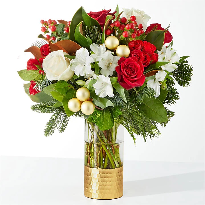 Joy &amp; Jolly Bouquet - Rose Alstroemeria Hypericum Berry Christmas Greens