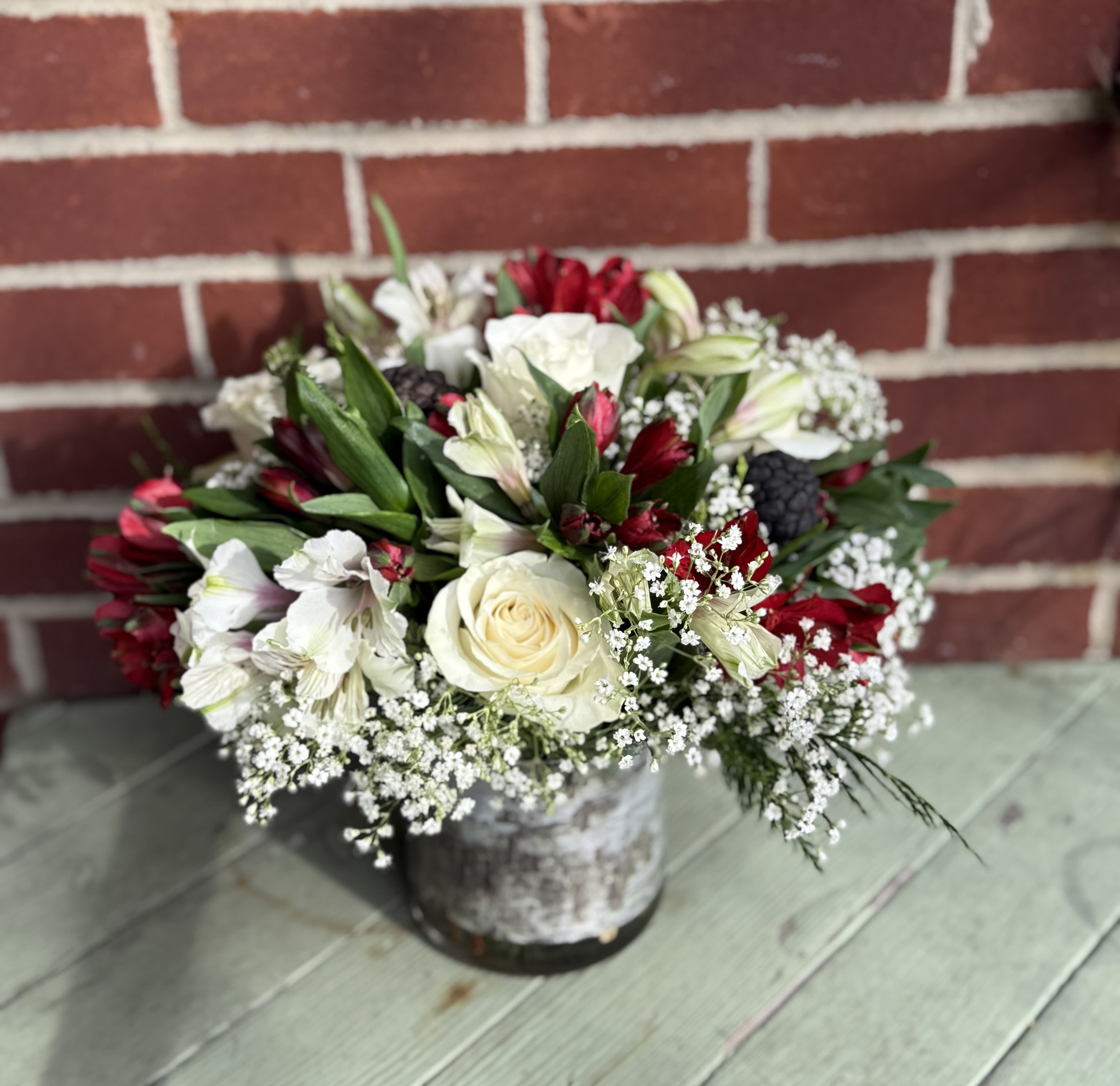 'Tis the Season with Roses &quot;Long Lasting&quot; - All-around arrangement with assorted Christmas greenery and pinecones. Send that special someone the gift of love with our beautiful vase filled with roses, alstromeria and all the scents of the season!  