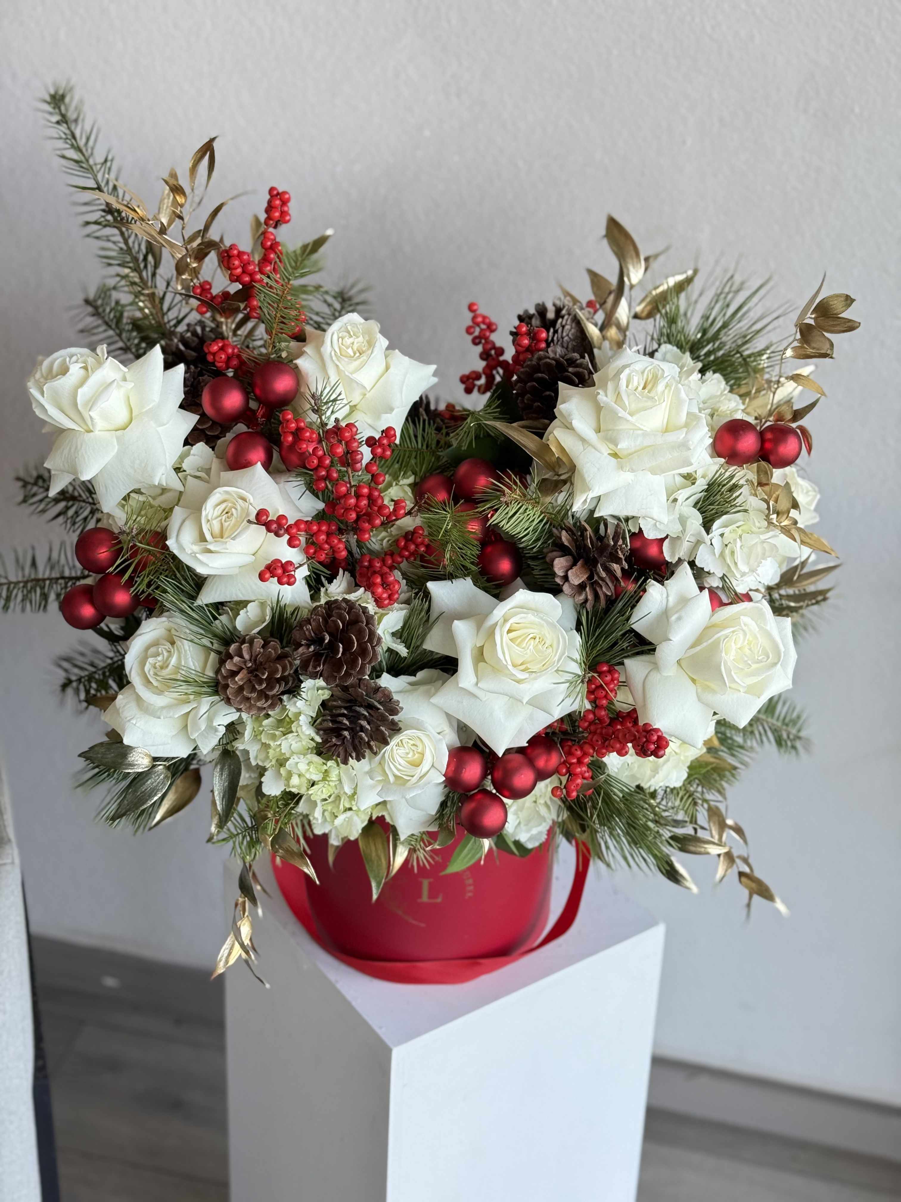 Merry Berry Bouquet - Add the grandeur of Winter Wonderland to your personal space with our Christmas Arrangement!  You can choose any color of the box.  SMALL BOX Custom greeting card