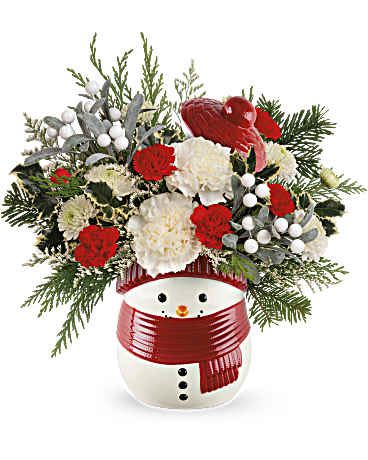 Snowy Delight - Charming and festive, this classic Christmas gift presents a delightful ceramic snowman treat jar filled with joyful holiday blooms, adding a touch of seasonal magic to any space.