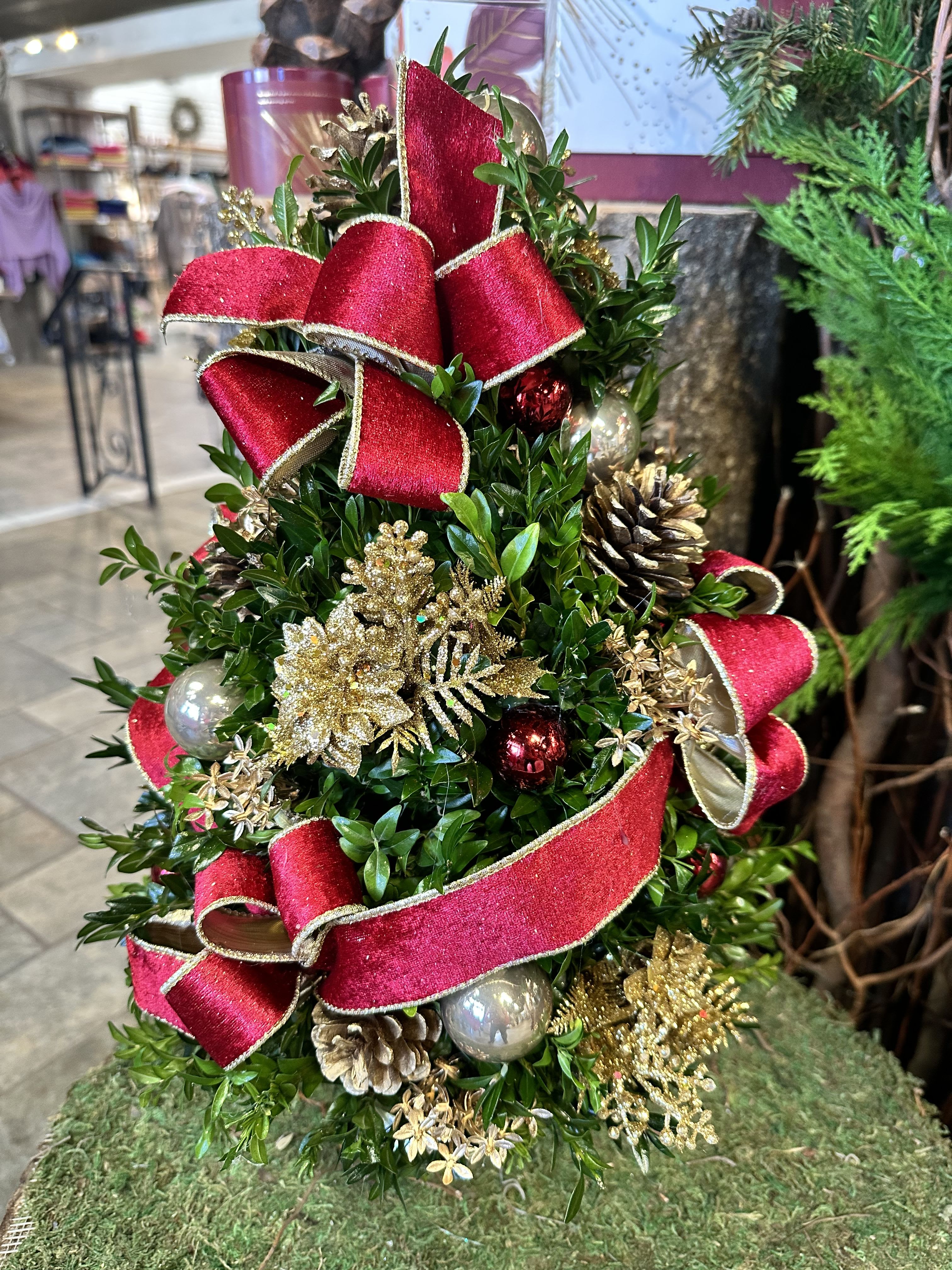 Boxwood Red and Gold - A J&amp;M favorite!  Our traditional boxwood tree in red and gold.