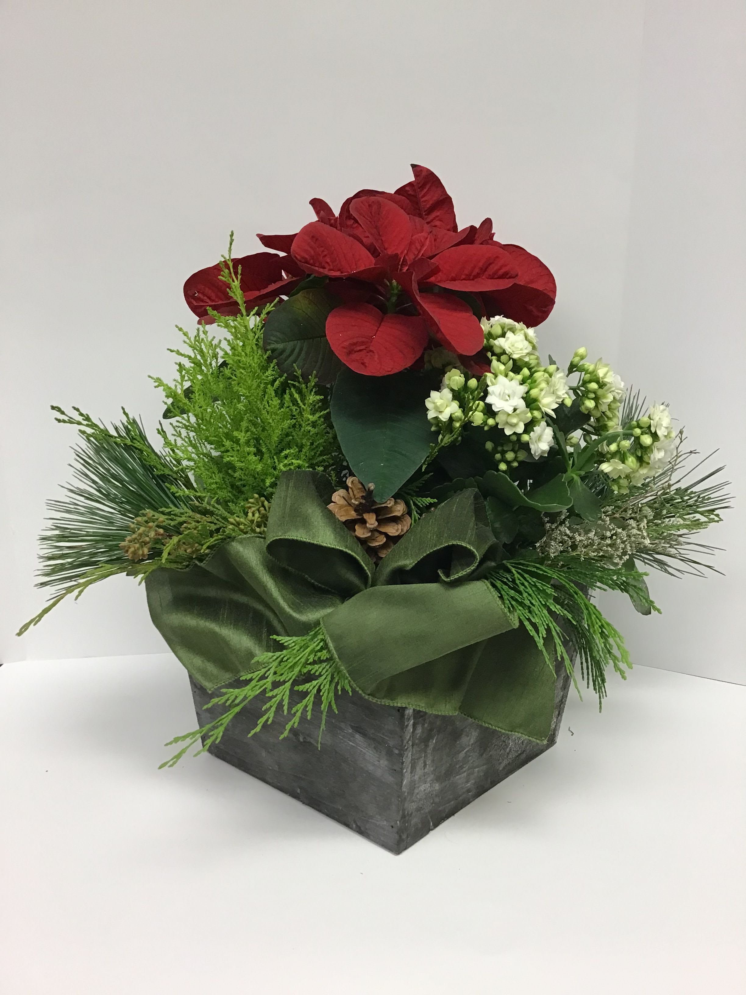 Holiday magic - Beautiful, red poinsettia, white Kalancho, and lemon cypress, all surrounded by fresh evergreen, and a beautiful Christmas bow.