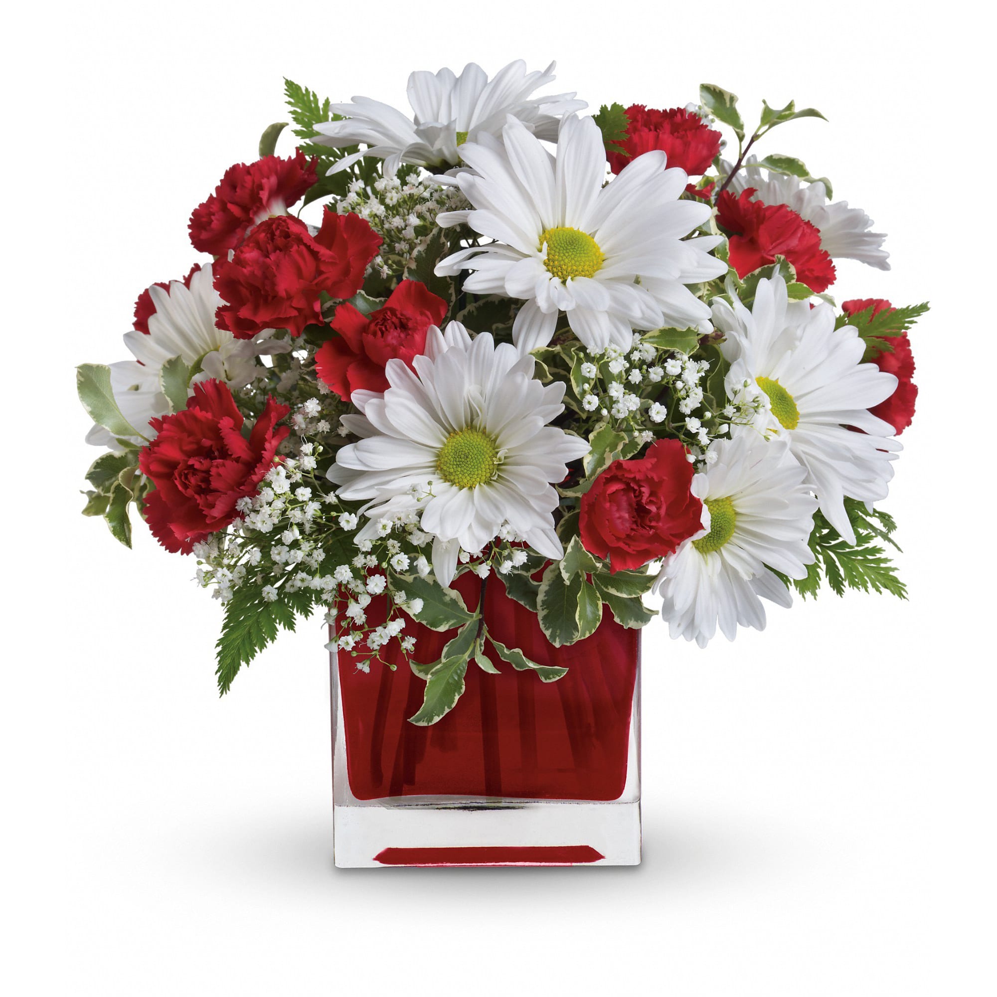 Red and White Delight  - Make her day! Send your special someone this charming bouquet arranged in a ruby red glass cube. It's a gift that will surely delight!