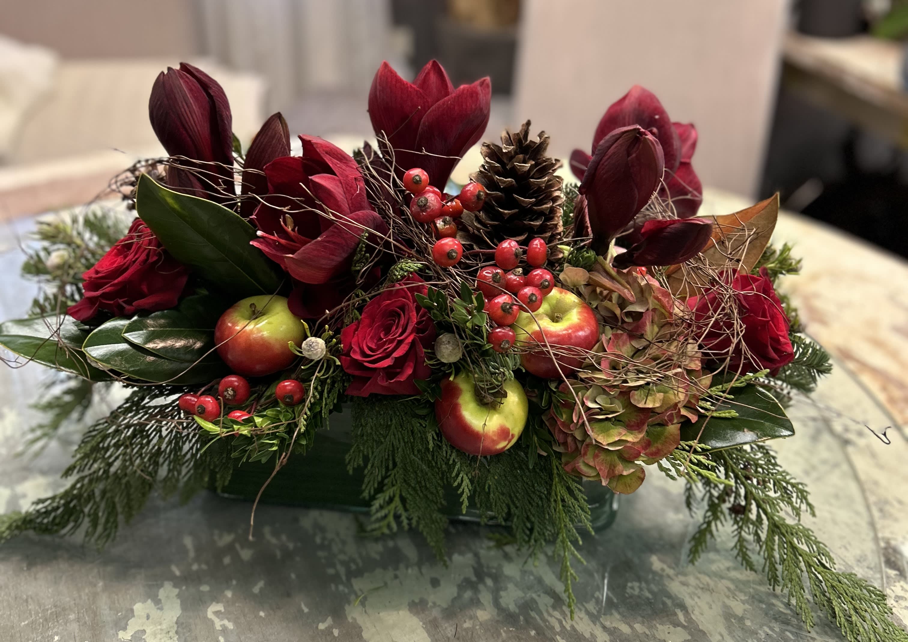 HOLIDAY VELVET - A festive, long and low arrangement, perfect for any holiday table.
