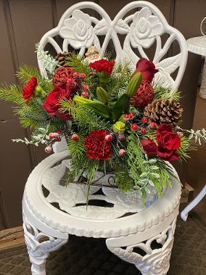 Joy Peace Hope  - This beautiful arrangement is filled with the best red flowers of the season, Christmas greens and berries. 