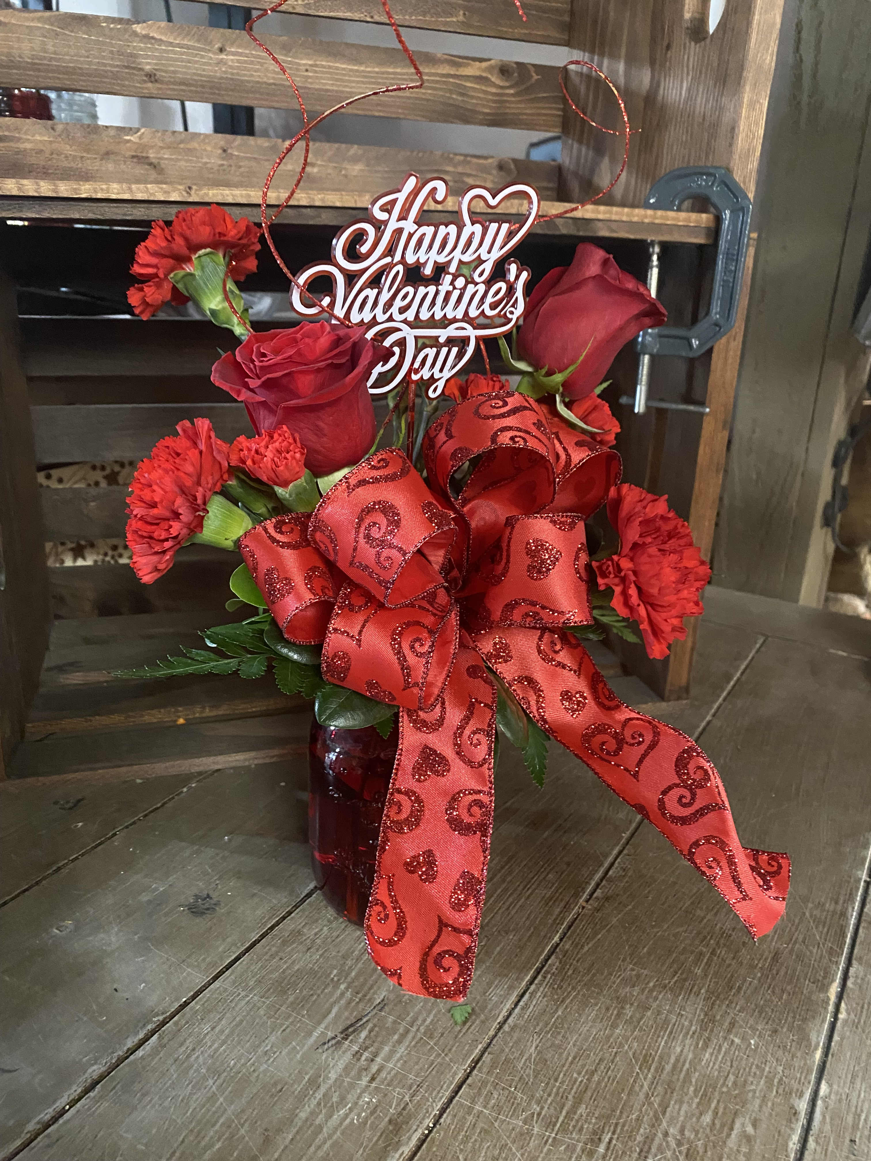 Say it with Red!! - Red Vase, Red Roses, Red Carns, Red Mini Carns