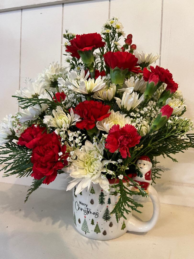 Santa mug - COFFEE MUG, FILLED WITH RED CARNATIONS, CUSHIONS, MINI CARNATIONS, AND FILLER. GREAT FOR A KEEPSAKE FOR A COFFEE LOVER. 