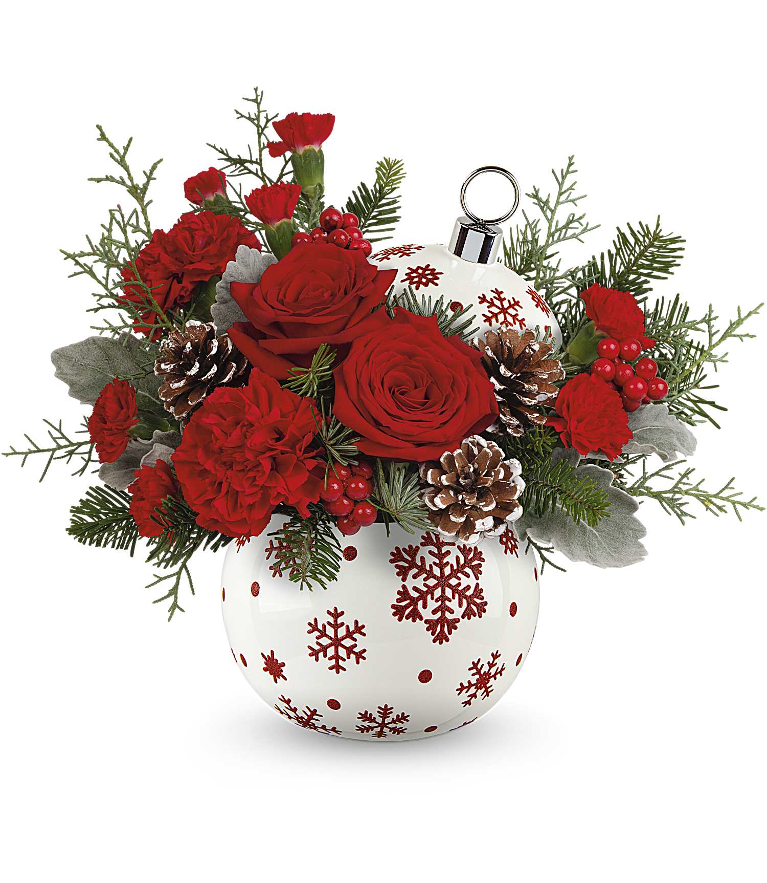 Sparkle All The Way - Capture the essence of a classic Christmas with stunning red roses and fresh white pine elegantly arranged in a shimmering, hand-painted ceramic ornament jar-a gift they'll cherish forever.