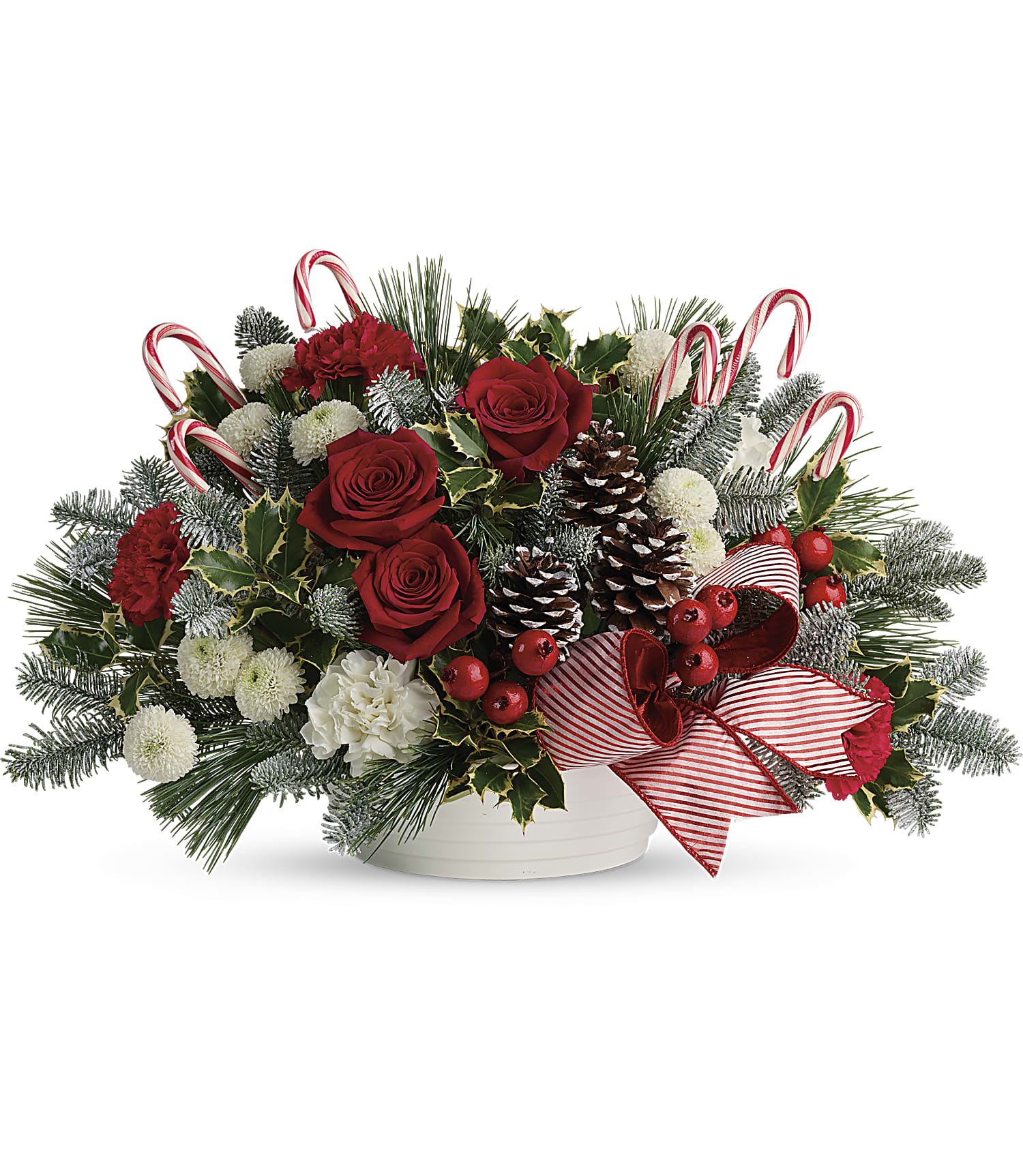 Jolly Candycane - A Christmas classic, this chic white dish bursts with festive blooms, fresh winter greens, and playful candy canes.