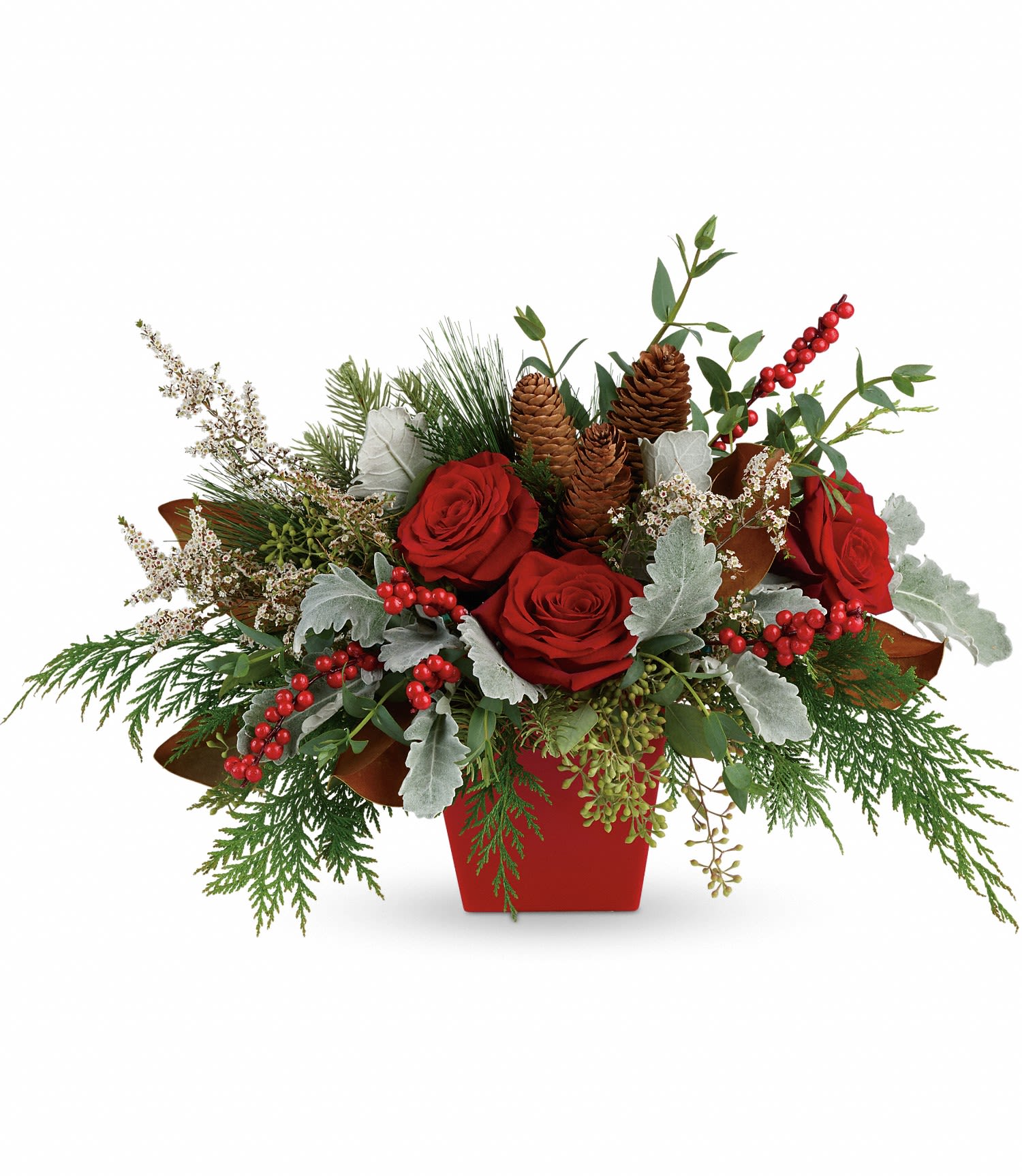 Christmas Blooms - Not your everyday Christmas centerpiece, this artisanal mix of roses and berries is stylishly presented in a tapered crimson cube.