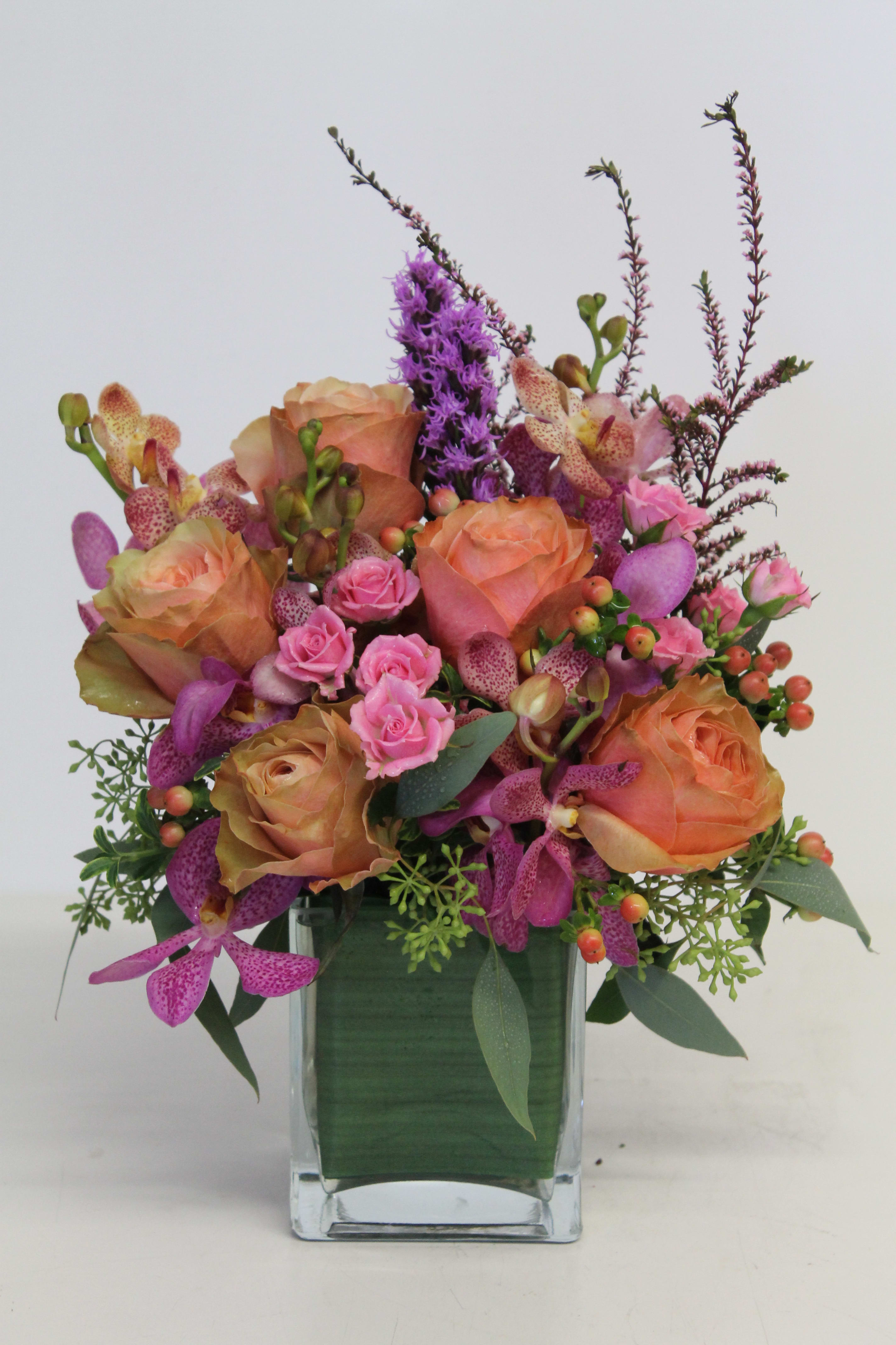 Ballet/26 - Rose, Mokara Orchid, Liatris, Spray Rose, Hypericum, Seeded Eucalyptus