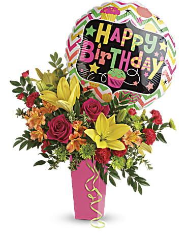 Birthday Bash Bouquet - No birthday bash is complete without a surprise delivery of beautiful blooms! This festive bouquet of hot pink roses and sunny yellow lilies is topped with a fun Happy Birthday balloon for a gift they'll never forget. This celebratory arrangement includes hot pink roses, yellow asiatic lilies, orange alstroemeria, red miniature carnations, green button spray chrysanthemums, huckleberry, and oregonia. Delivered in a raspberry tapered vase.