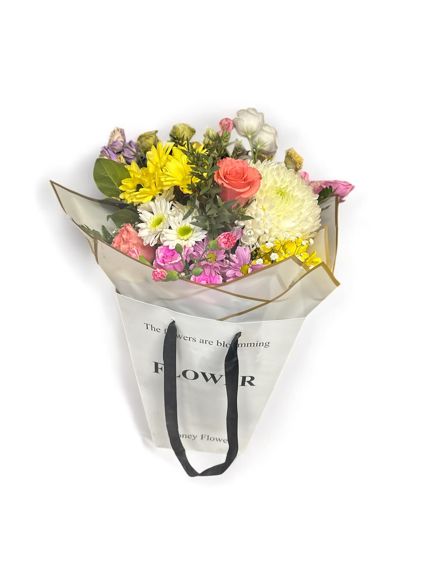 Take -out Bouquet  - Flowers, designed in a gift bag way ! Our designers will hand craft the bouquet using our freshest flowers, making your gift just perfect for any occasion. Just leave a note for our designers as to which color flowers  you would prefer or what you’re celebrating and will do the rest! Just as to cart ! Simple and sweet and your flowers will be delivered right to the hands of your recipient.  