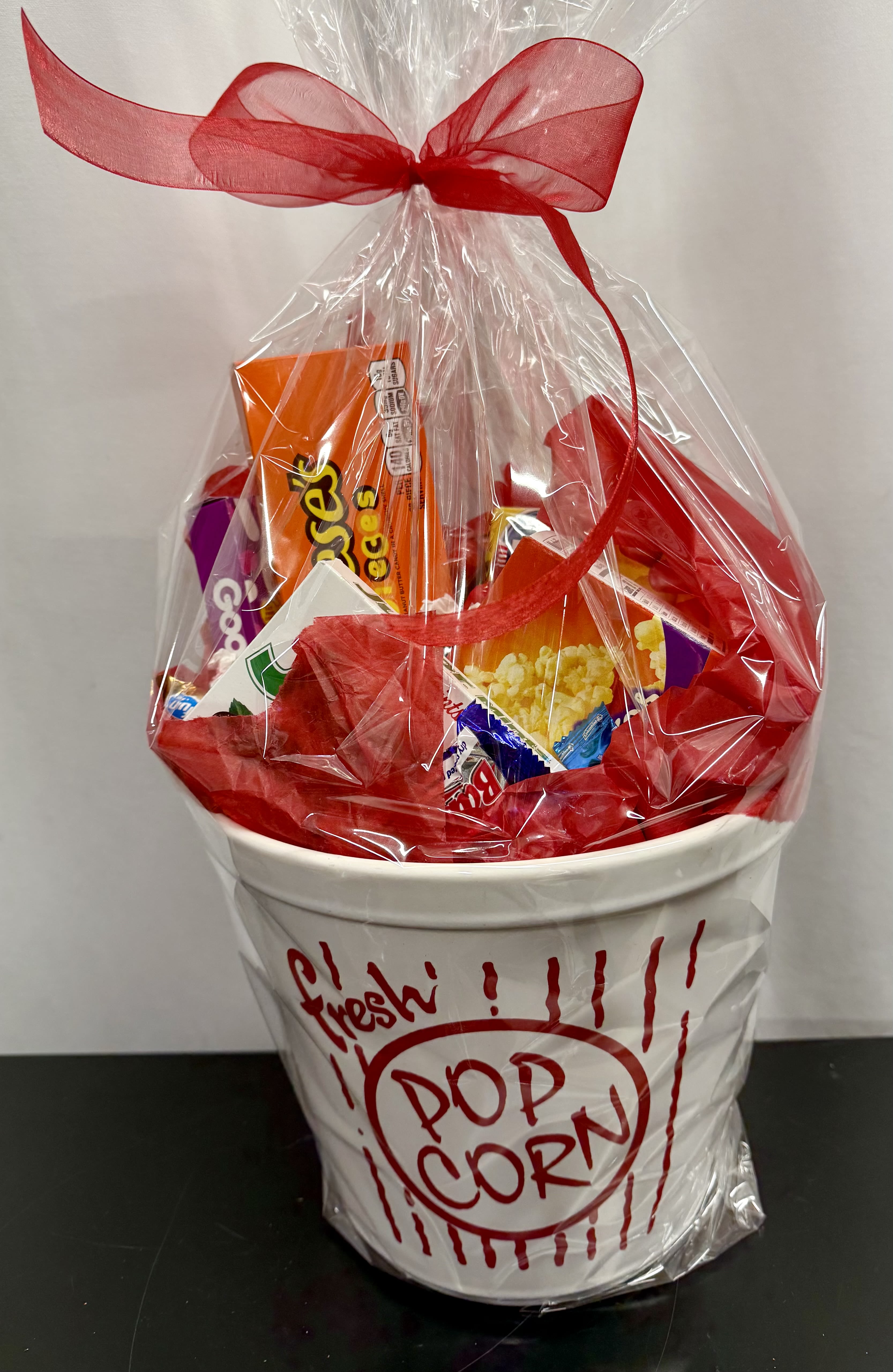 Movie night - 8 inch ceramic popcorn container filled with goodies one box of movie theater, and one box of cheese, popcorn with assorted candy