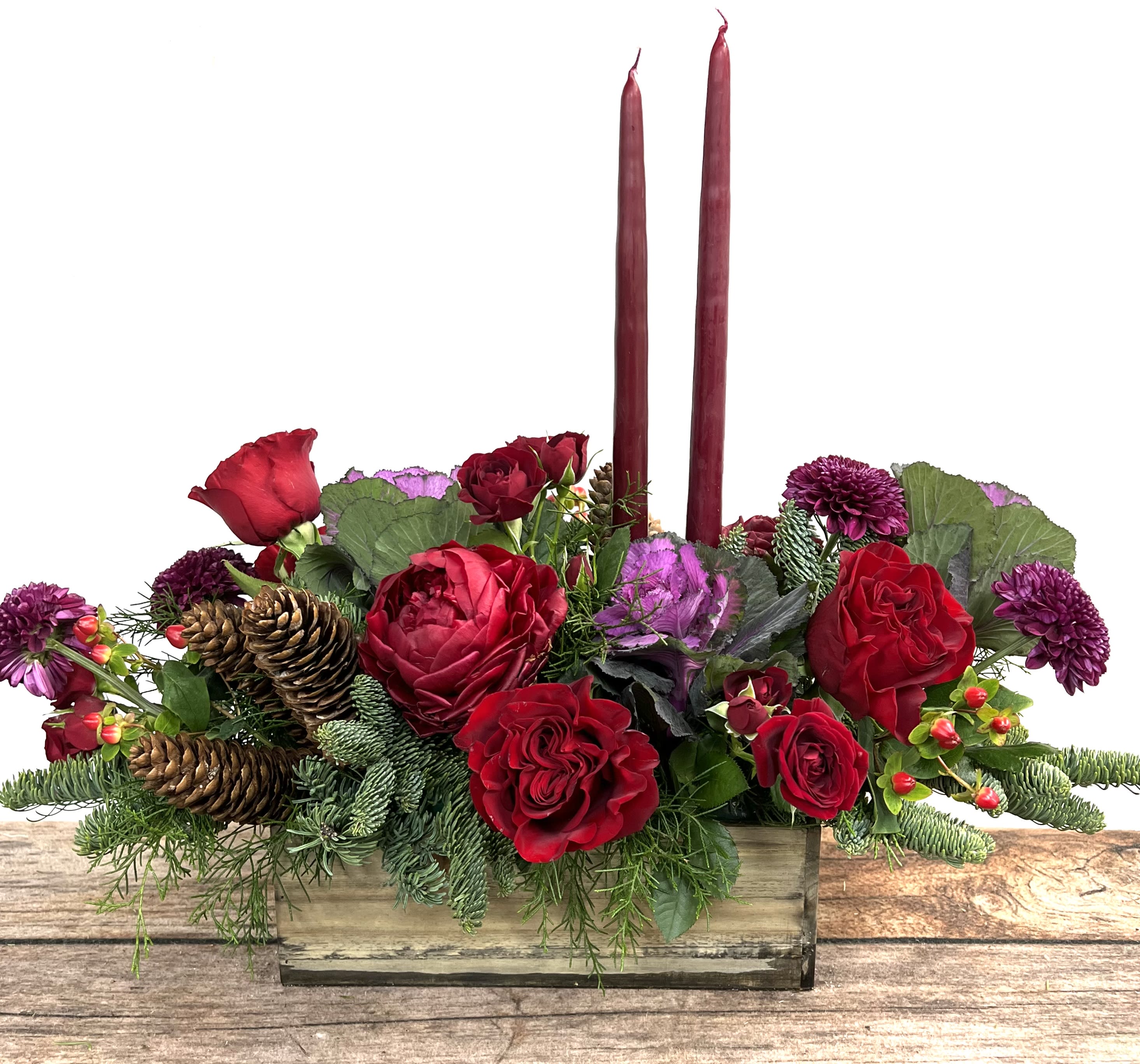 Joyous - A rustic display of flowers curated in a wooden container holds the season's blooms. Perfect as a gift or for your oblong table. Approximately 14&quot; long. Please note if you would NOT like the candles.