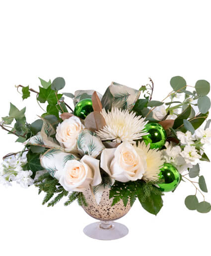 WHITE HOLIDAY CHEER CHRISTMAS FLOWERS - Get in the spirit of the season with this elegant design full of holiday cheer! Overflowing with lovely soft white roses, spider mums, and lush seasonal greens, White Holiday Cheer is sure to impress. Send this sparkling seasonal surprise to someone you love! 