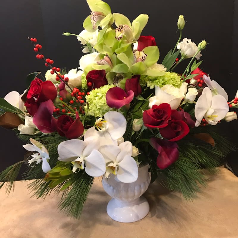 Christmas Elegance  - This beautiful design is arranged in a white ceramic urn.  Lovely Cymbidium orchids, Phalaenopsis orchids, mini green hydrangea, Ilex berries, red roses and mini calla lilies.  
