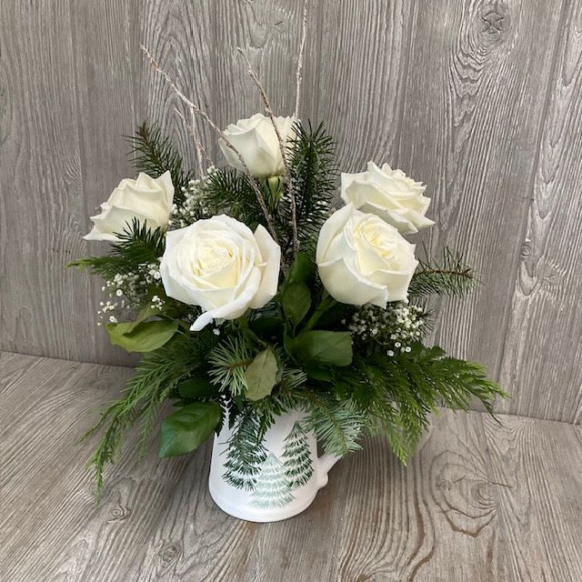White Christmas - White winter roses in a keepsake pitcher.  