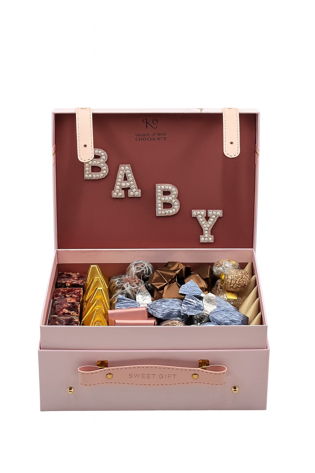 Sweet Baby Welcome Chocolate Set - A charming pink keepsake box filled with an assortment of premium chocolates, thoughtfully arranged to celebrate the arrival of a new baby. The interior is styled with pearled “BABY” lettering for a sweet, festive touch, while the exterior features a delicate ribbon and soft blush finish. A perfect gift for new parents, baby showers, hospital visits, or welcoming a little one home with something both beautiful and delicious.