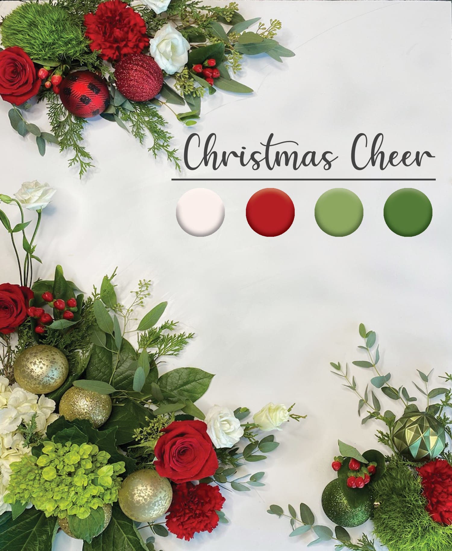 Christmas Cheer - Premium flowers, evergreens and holiday accents.in a Christmas-inspired color palette.