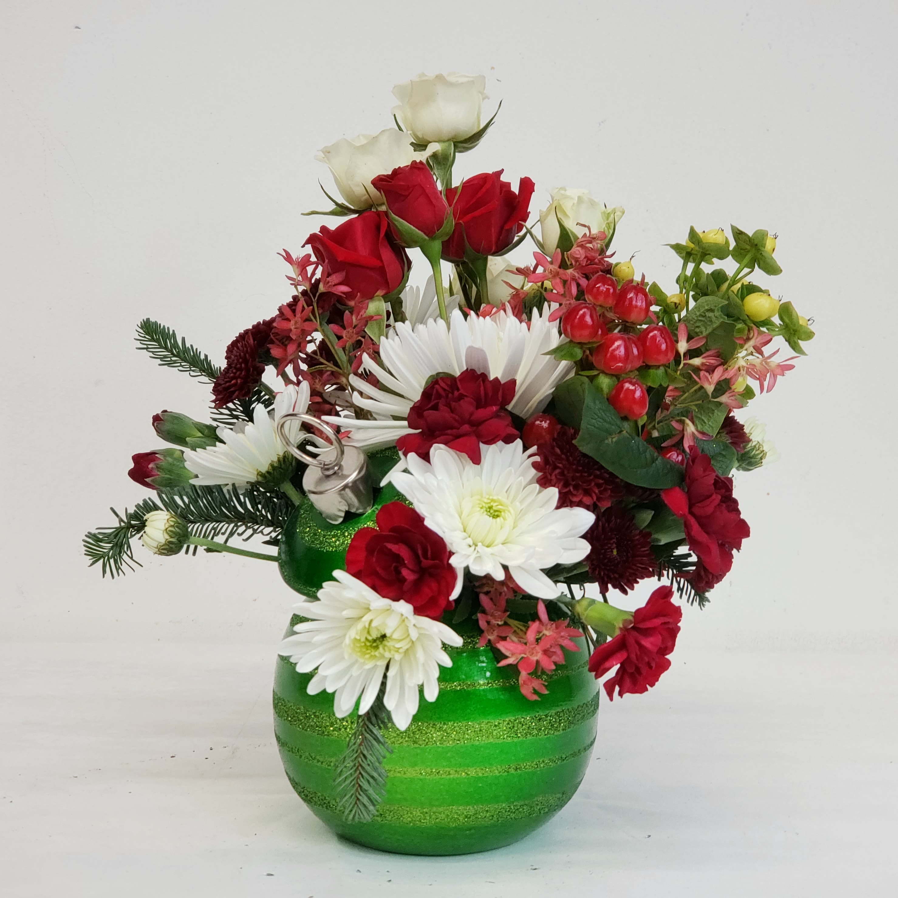 Glitter Green Ornament - Ceramic ornament planter filled with a fun array of holiday goodness. Approximately 8" wide by 10" tall.