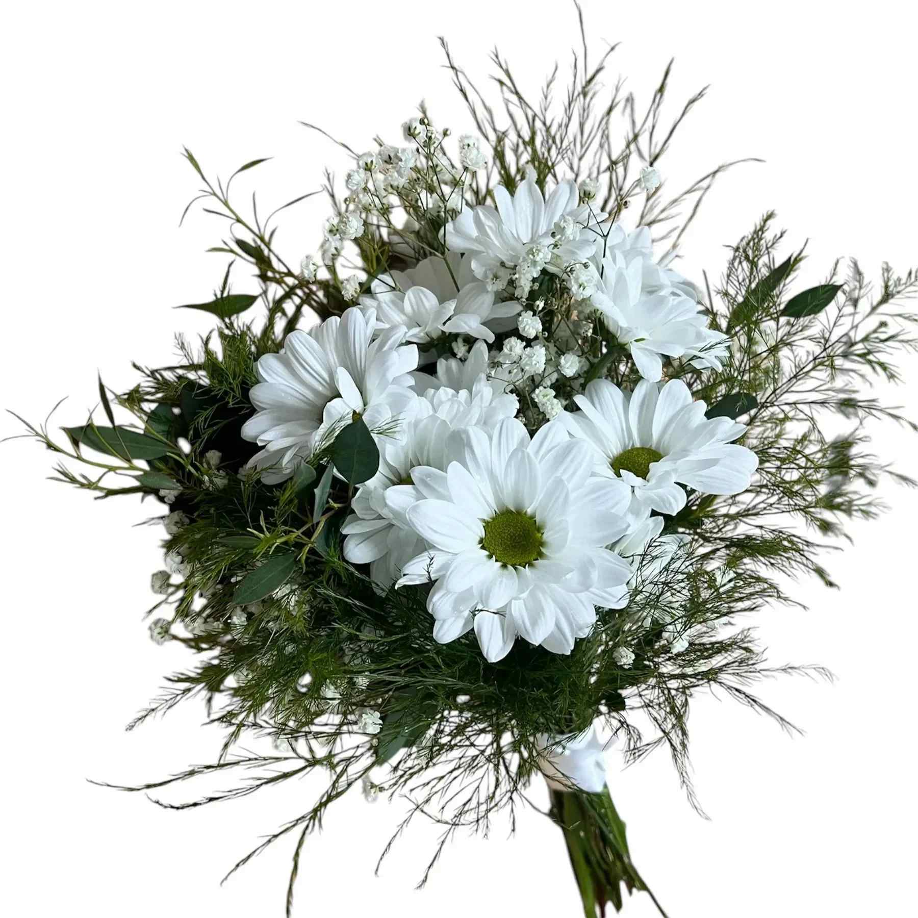 Dance Posy - All White Flowers - Take this adorable posy bouquet to prom with White Daisies, babys breath, tree fern, eucalyptus with Satin ribbon stem wrap. Make it a premium and add roses and carnations!  All flowers will be white. We can customize the ribbon color as best of a match as possible in your ribbon color preference.