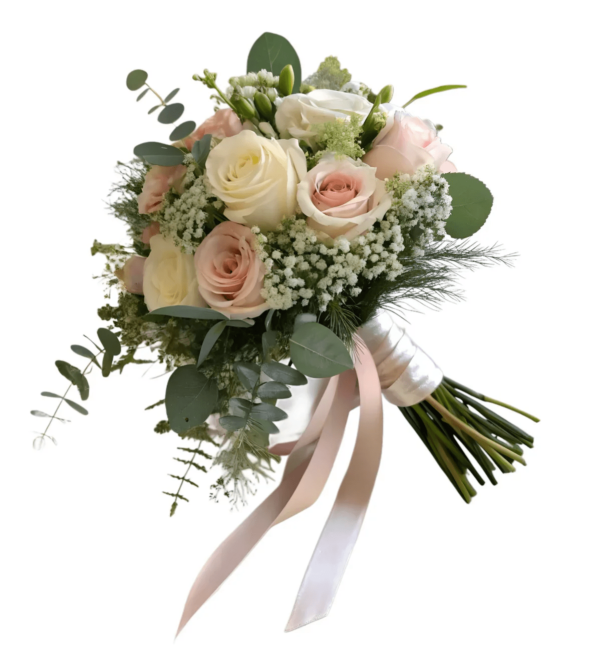 Bridal Bouquet Blush - A delicate and romantic bouquet crafted with white and blush pink roses, accented with fine baby’s breath and fresh greenery. Its elegant yet youthful design makes it the perfect choice for brides seeking sophistication or quinceañeras wanting to highlight their sweetness and freshness on their special day