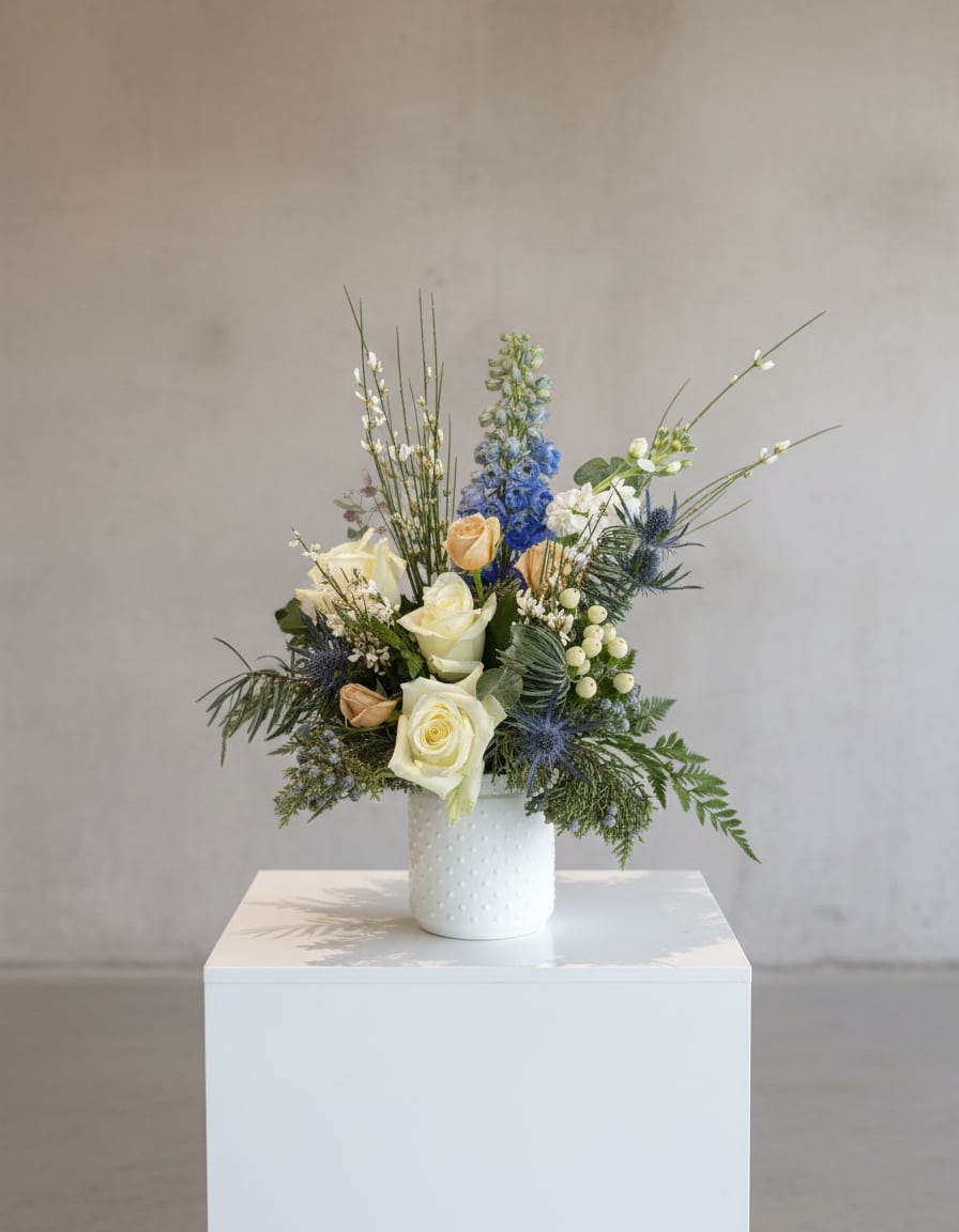 Snow On The Beach Floral Arrangement by Birch &amp; Blossom - Bring the quiet magic of a winter shoreline into your home with Snow on the Beach, a serene and romantic arrangement inspired by frosted dunes, soft waves, and peaceful December mornings. Designed in-house by Noble Graham-Lattin, this piece blends crisp whites, cool blues, and warm sandy tones for a truly enchanting seasonal moment.  Evergreens and juniper create a lush, textural base reminiscent of snow-dusted pines, while tan spray roses and white roses bring soft, sophisticated blooms to the center of the design. White stock adds gentle movement, and sky-blue delphinium offers a whisper of coastal color. Blue thistle and delicate fern tie the palette together with icy depth and natural elegance.  Perfect for holiday tables, winter birthdays, seasonal décor, thank-you gifts, or anyone who loves a modern woodland-meets-shoreline aesthetic.