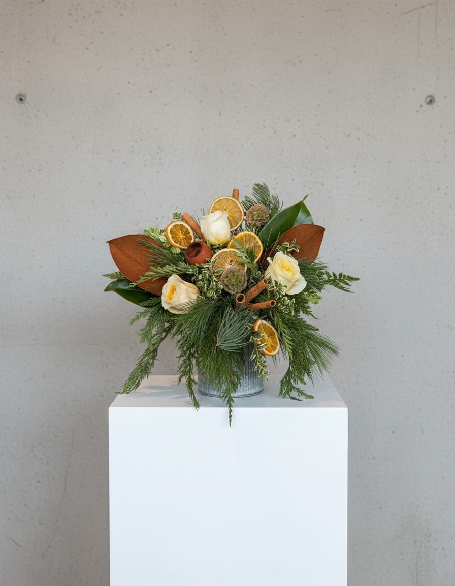 Citrus, Spice, &amp; Everything Nice  - Bright, cozy, and full of holiday charm, this arrangement layers the warmth of candlelight roses with the playful texture of drumstick scabiosa. Dried oranges and cinnamon sticks add a nostalgic, spiced-citrus glow, while mixed evergreens and glossy magnolia foliage bring depth, richness, and that unmistakable seasonal scent.  Designed to feel like stepping into a festive kitchen on a winter morning, this piece brings comfort, color, and a little bit of magic to any space.  Perfect for: holiday tables, cheerful gift-giving, and anyone who loves a cozy, aromatic moment.