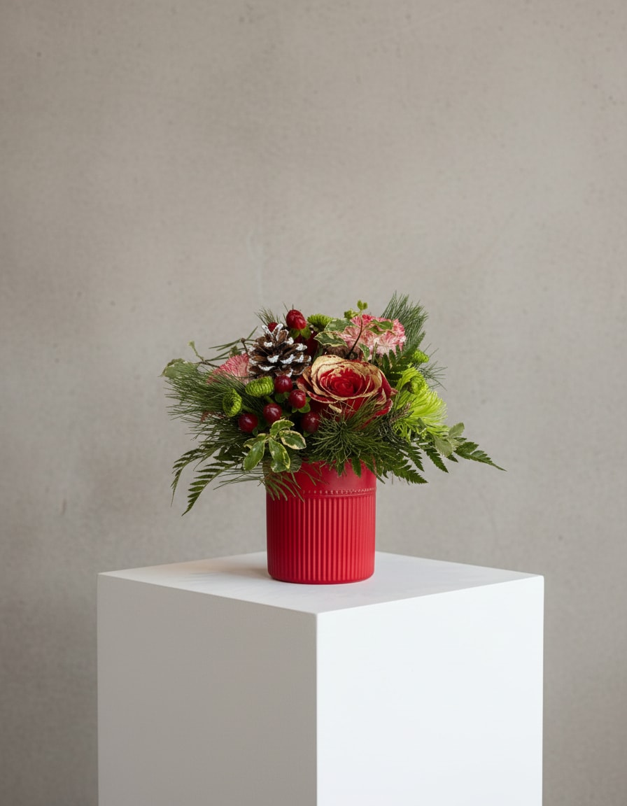 The Holly Jolly Bunch of Flowers  - Bursting with red, green, white, and all the Christmas cheer you can handle, the Holly Jolly Bunch is your festive season in floral form. Green Fuji mums bring bright texture, while 14K gold-tipped roses add a luxurious holiday sparkle. Peppermint carnations swirl in that classic candy-cane charm, paired with mixed evergreens, Italian pittosporum, fern, and hypericum berries for layers of seasonal richness.  Finished with frosted pine cones and a joyful dusting of GLITTER, this arrangement feels like Christmas morning wrapped in a bouquet.  Perfect for: holiday parties, doorstep deliveries, office desks, festive gifting, and anyone who wants a little extra sparkle this season.