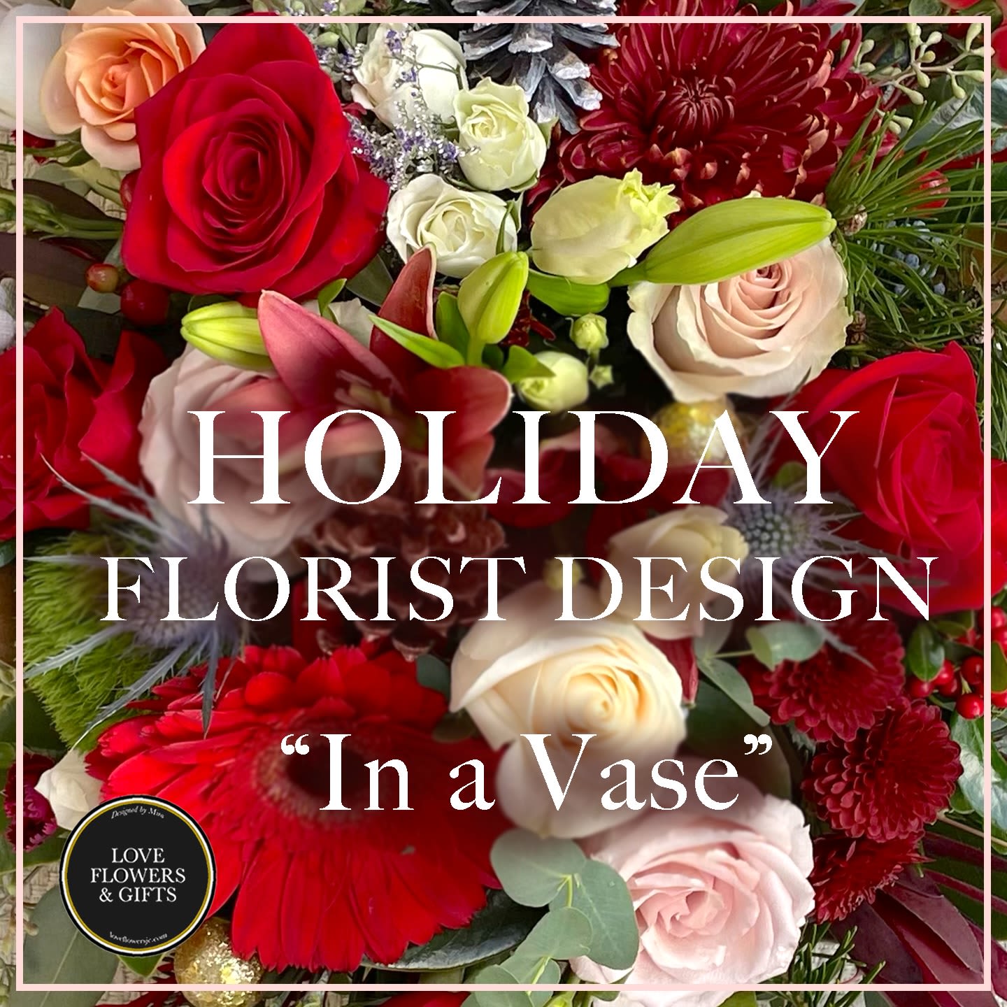 Holiday Florist Design (In a Vase) - Have no time to browse or simply can't choose? Leave it to us :)  Select your Size and we'll create a beautiful arrangement with fresh flowers in holiday style and colors. This arrangement will be arranged in a glass vase, a classic style!