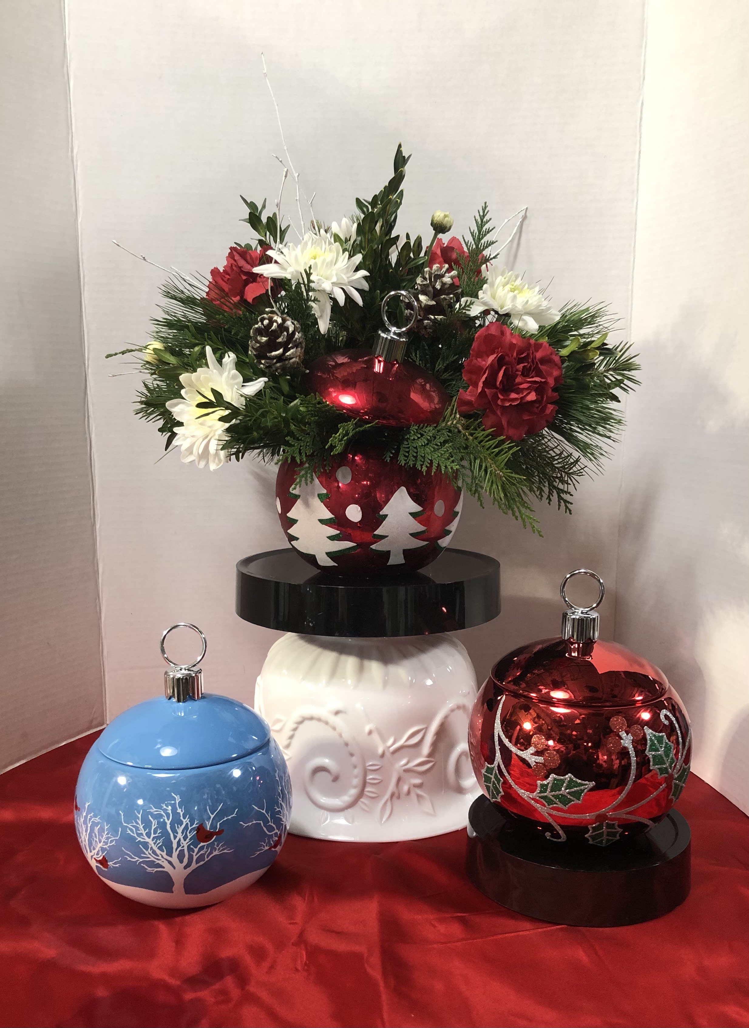Glass Christmas Ball Candy Dish - Assorted style glass Christmas ball candy dish with cut evergreens and fresh flowers. NOTE: glass ball candy dish and flowers may vary one candy dish per order