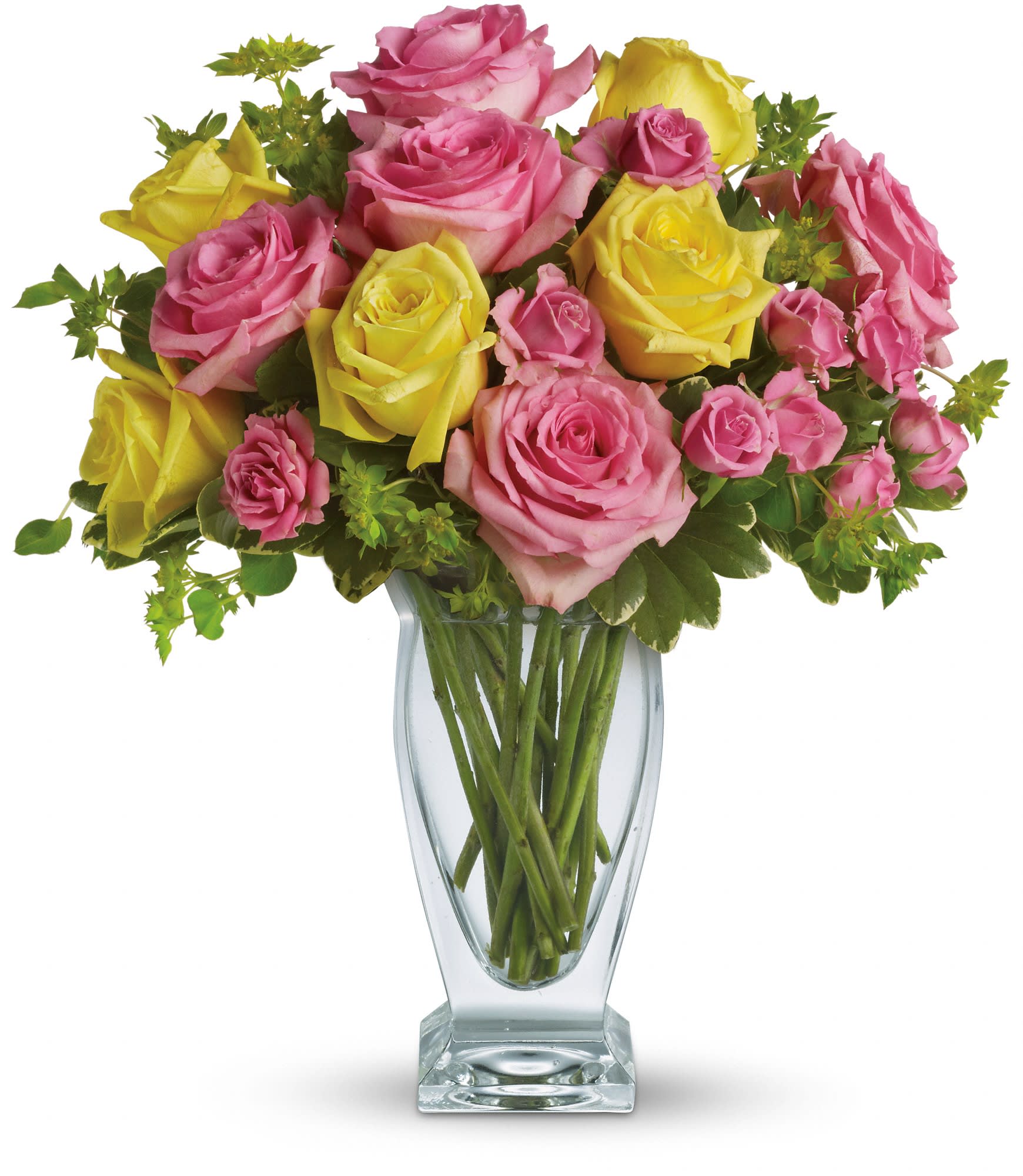 Teleflora's Glorious Day - Some people like their lemonade yellow, while others prefer pink. Guess what? This glorious arrangement caters to both! Pretty pink and lemon yellow blossoms are served up gloriously in a clear glass vase. 