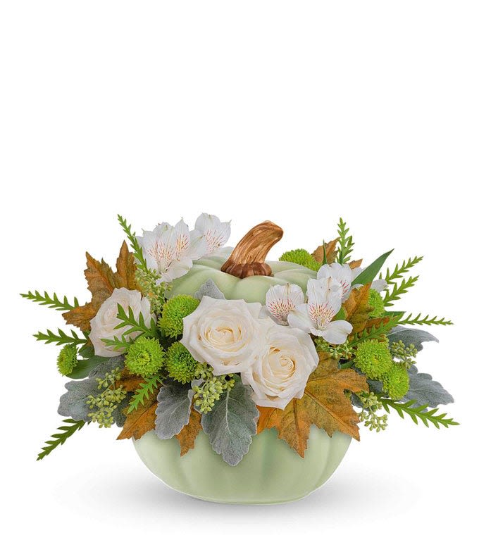 Sage Pumpkin Arrangement - Bring a touch of autumn elegance into your home with our Sage Pumpkin Bouquet. This stunning arrangement features soft white roses, delicate alstroemeria, and cheerful green button poms, surrounded by fall foliage and textured greens. Designed in a charming sage green ceramic pumpkin with a metallic gold stem, it’s the perfect centerpiece for your fall gatherings or a thoughtful seasonal gift.   Perfect for: Thanksgiving décor, fall birthdays, or sending a cozy seasonal smile.  Container: Keepsake ceramic sage pumpkin — reusable for years to come!  Available for pickup or delivery.