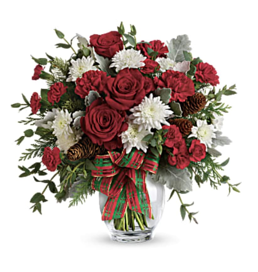 Holiday Shine Bouquet - Give the gift of holiday style with this mix of Christmas crimson and winter white blooms, all wrapped up with a festive plaid ribbon in a classic ginger jar.