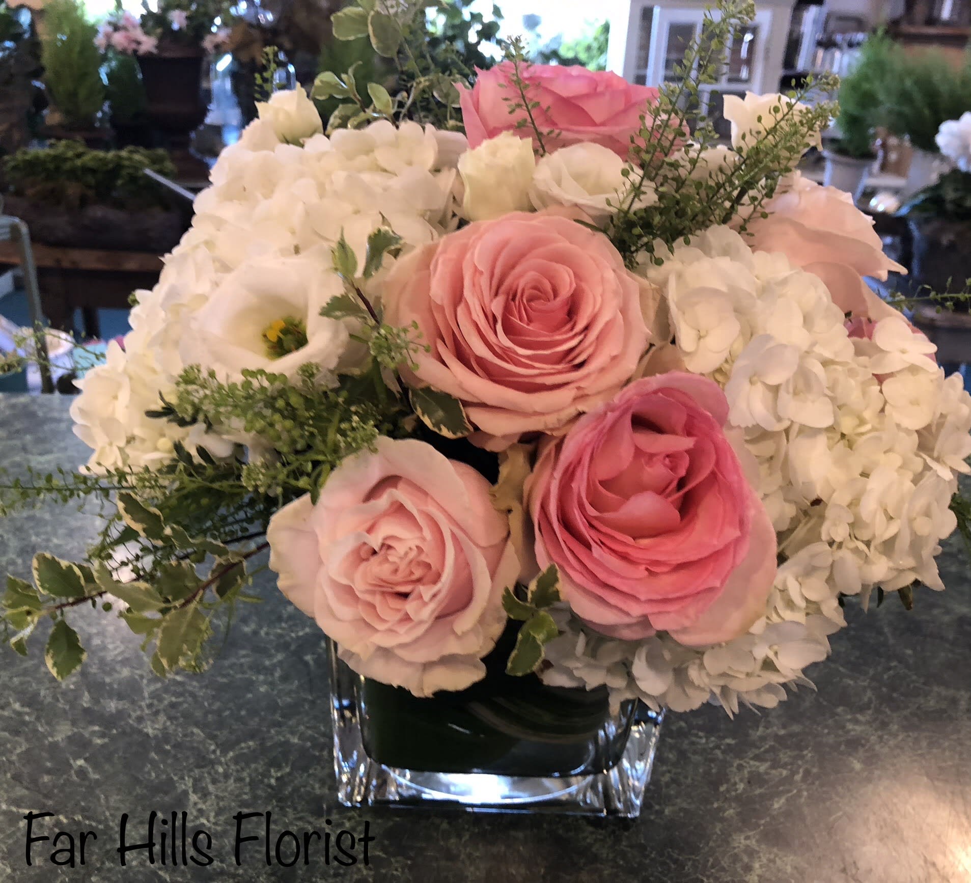 Pink &amp; White Romance Cube - Lavish cube designed with mixed pink roses, white hydrangeas, white lisianthus , lepidium and pittosporum is a wonderful gift for many occasions.