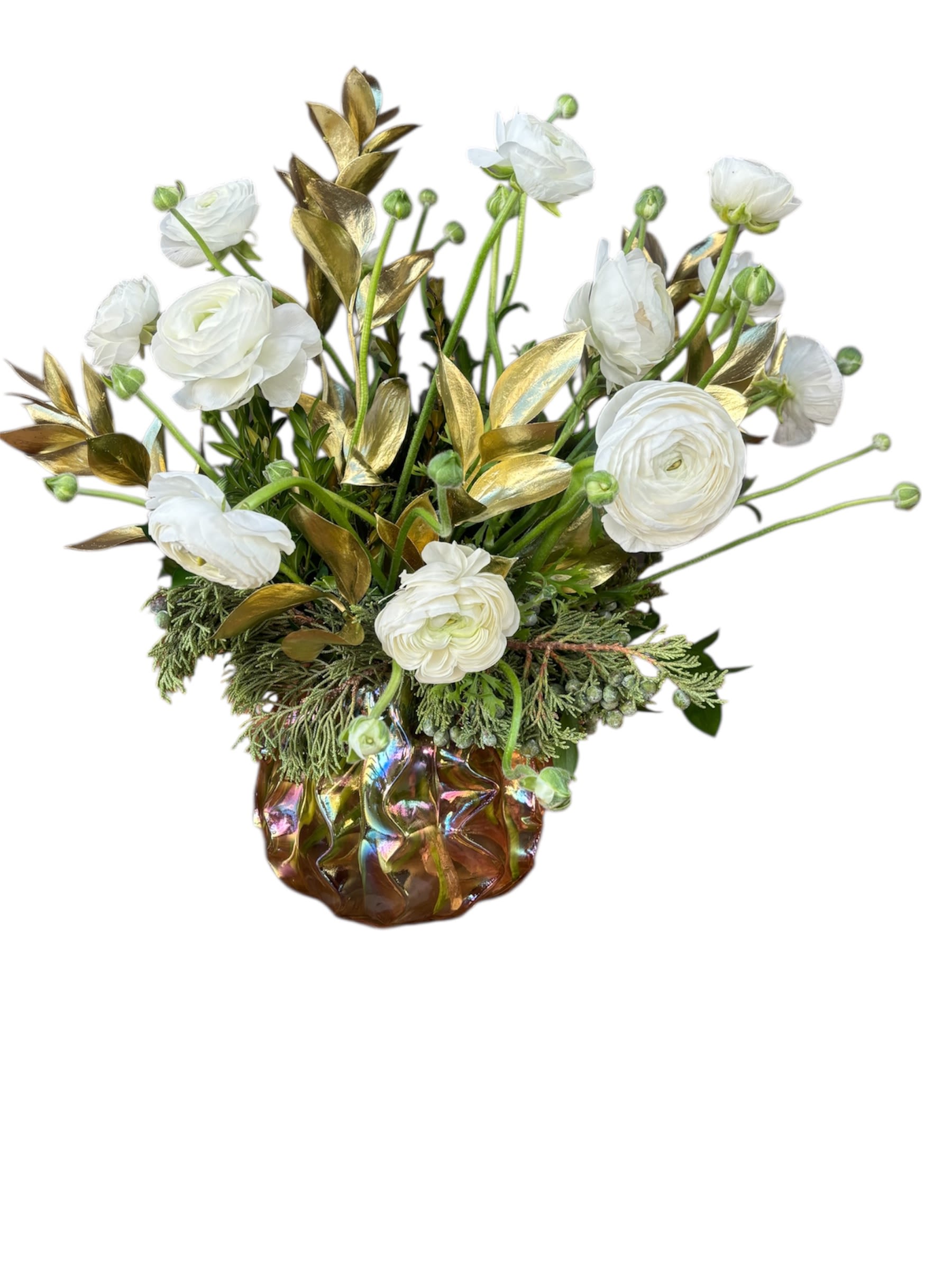 Royal white  - Royal White Arrangement exudes timeless elegance with white ranunculus accented by shimmering gold leaf, beautifully complemented by winter greenery. Presented in a modern geometric vase, this design radiates sophistication and regal charm, making it a stunning centerpiece for any occasion.