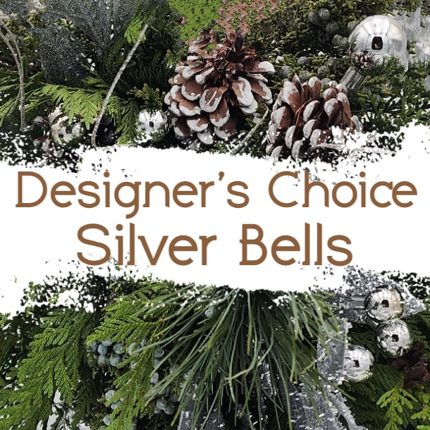 Designer's Choice: Silver Bells - A Mixed Bouquet with Winter Greens and Silver accents in a vase or box.  Designer's Choice Arrangements are Hand-Crafted. The flowers &amp; vessel are chosen by the Designer based on the chosen theme and budget.  For a Hand-Tied bouquet, please request in the special instructions during checkout.  *Display photo is for color reference only*