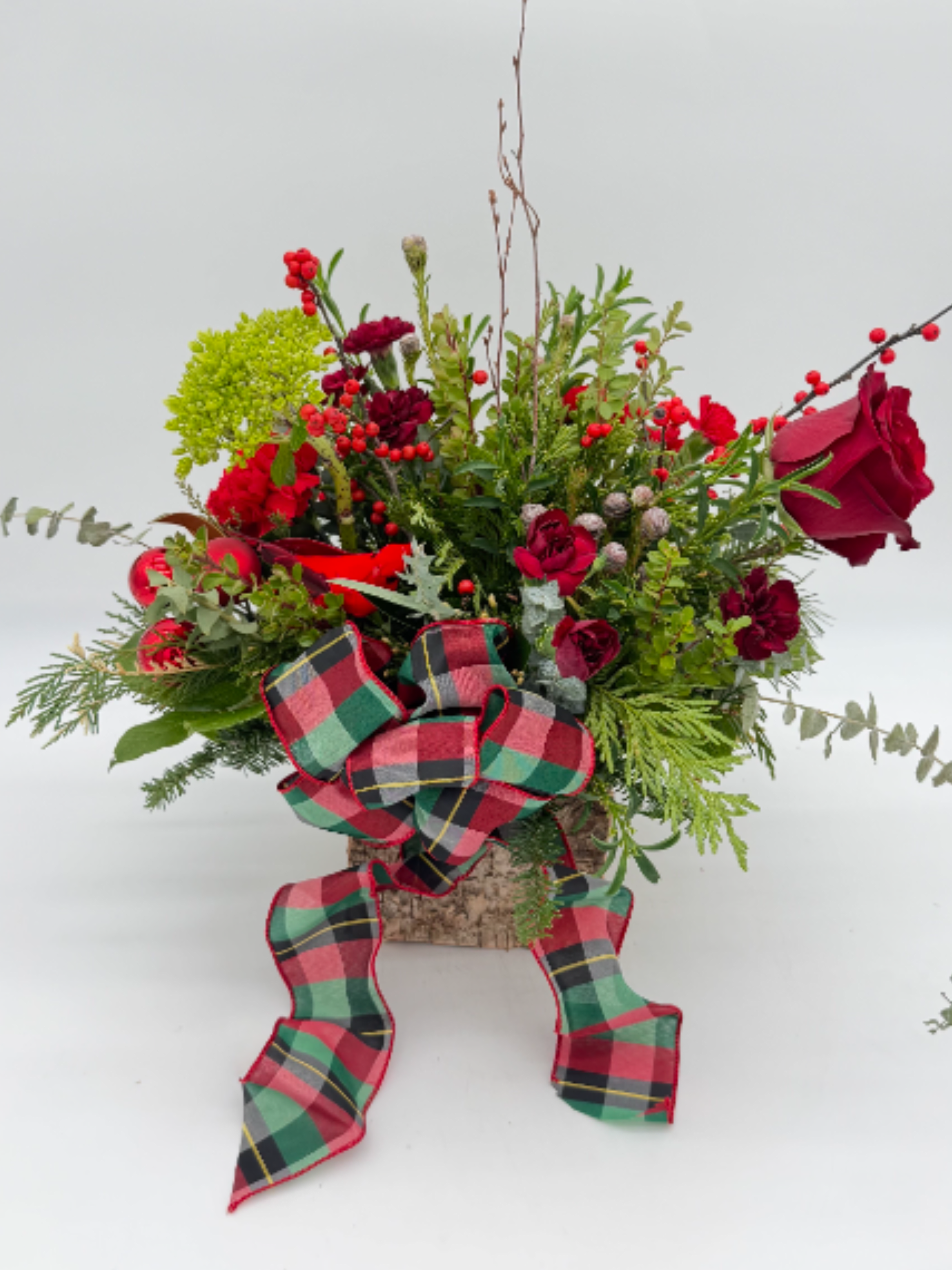 Birch Box  - 6"x6" birch wooden square box filled with seasonal holiday flowers, evergreens, ribbon and dried materials. Designers can substitute based on available product.