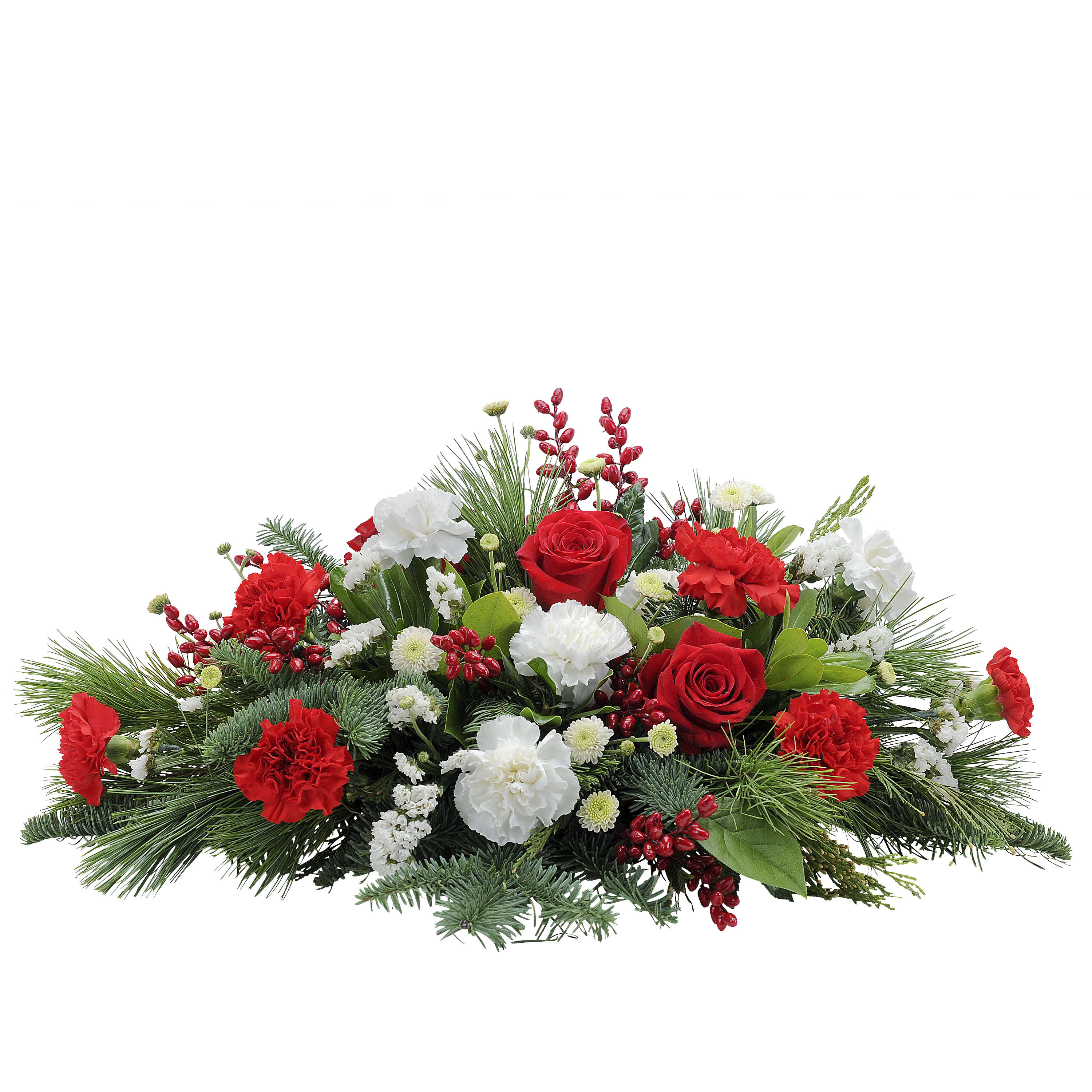 Candy Cane TMF-526 - This deluxe evergreen holiday centerpiece of red and white blooms has accents of rich red berries. Approximately 18" long by 8" high