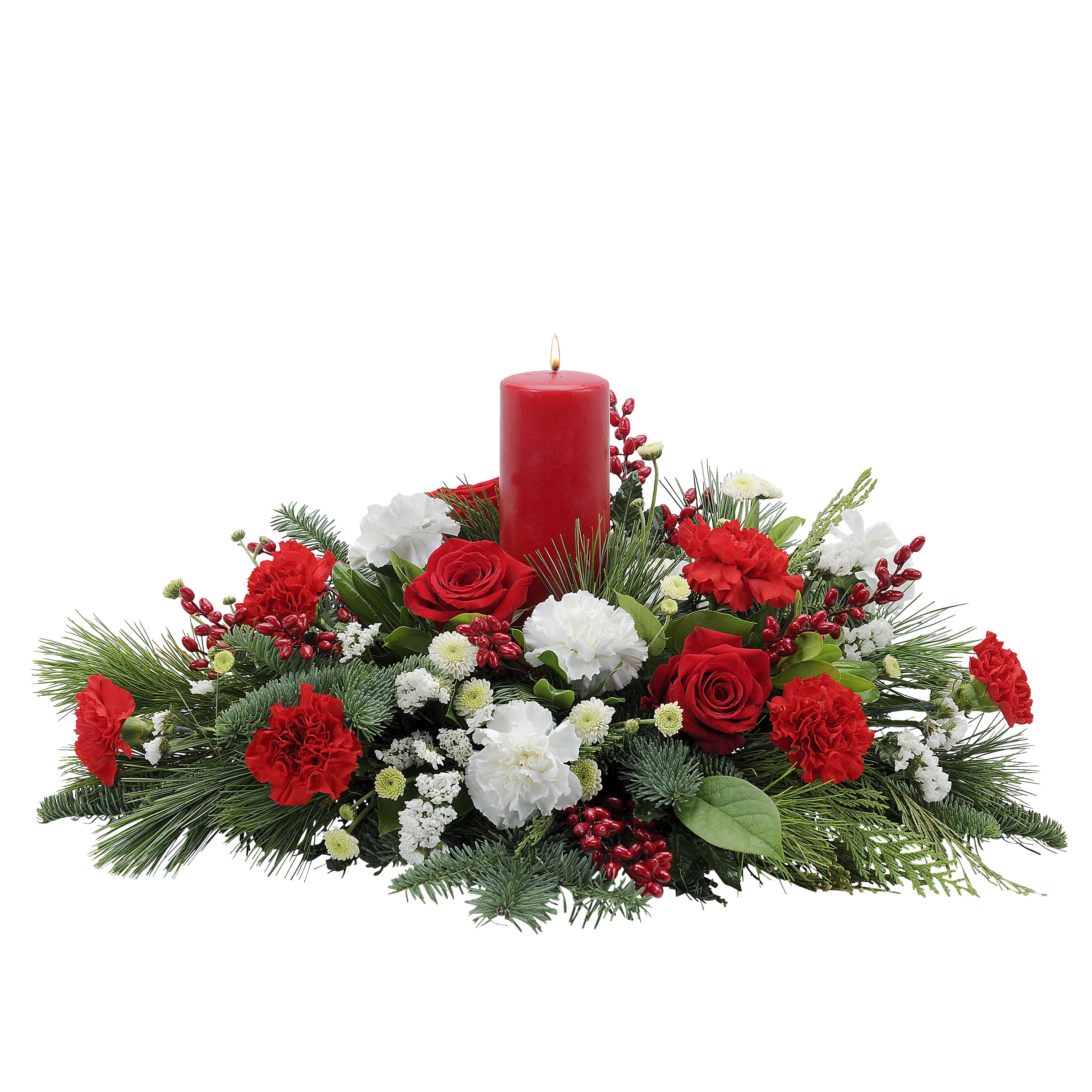 Candy Cane Symphony TMF-527 - This deluxe evergreen holiday centerpiece of red and white blooms has accents of rich red berries. Approximately 18" long by 10" high